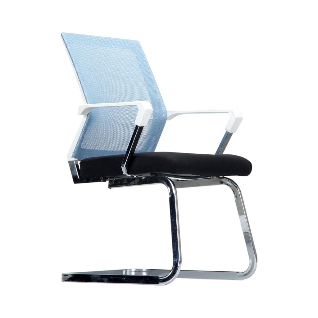 Xiaoyaozuo office chair: Modern light blue mesh back guest chair with black fabric seat and white armrests on chrome sled base.