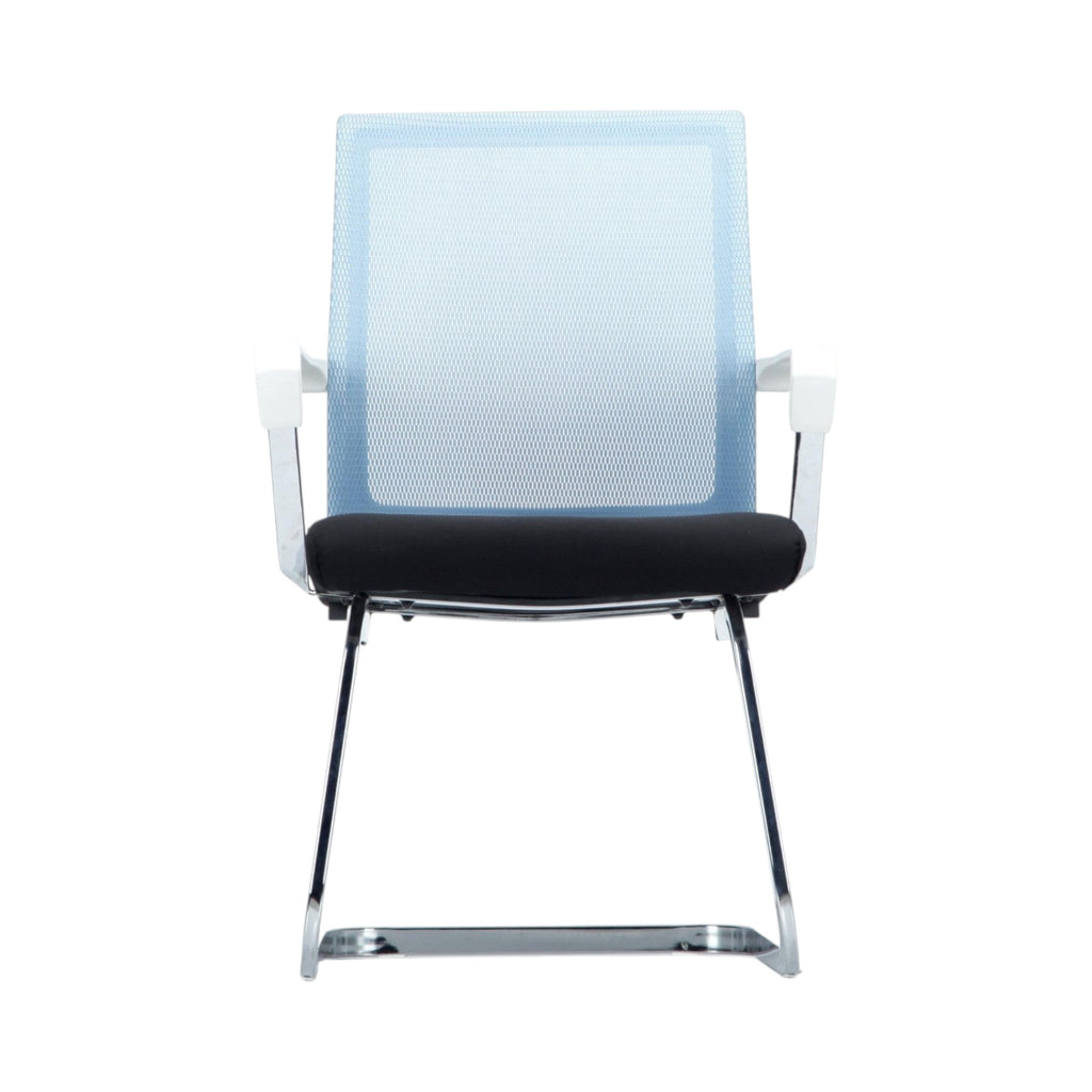 Xiaoyaozuo office chair: Modern light blue mesh back guest chair with black fabric seat and chrome sled base.