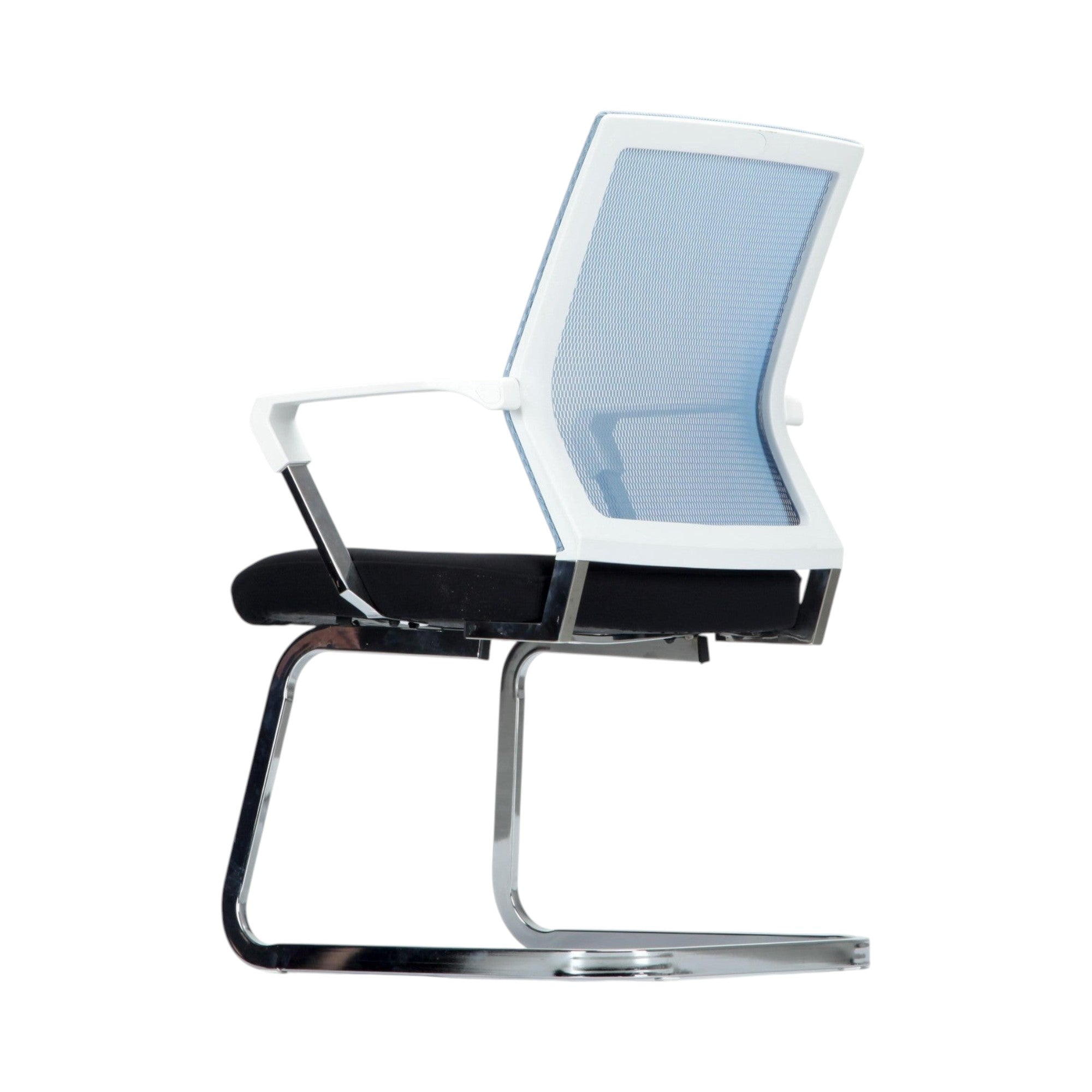 Xiaoyaozuo office chair: Modern light blue mesh back guest chair with black fabric seat and white armrests on a chrome sled base.