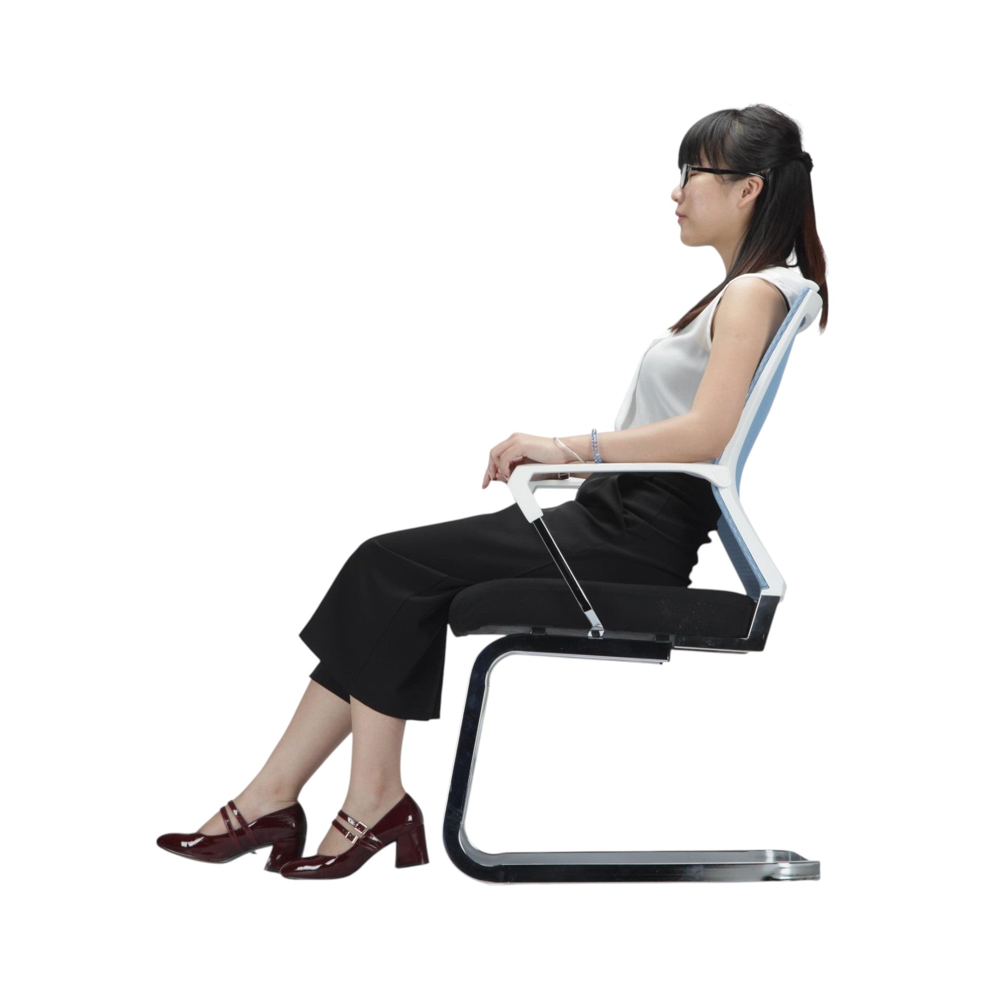 Xiaoyaozuo office chair: Modern light blue mesh back guest chair with black fabric seat and chrome sled base.