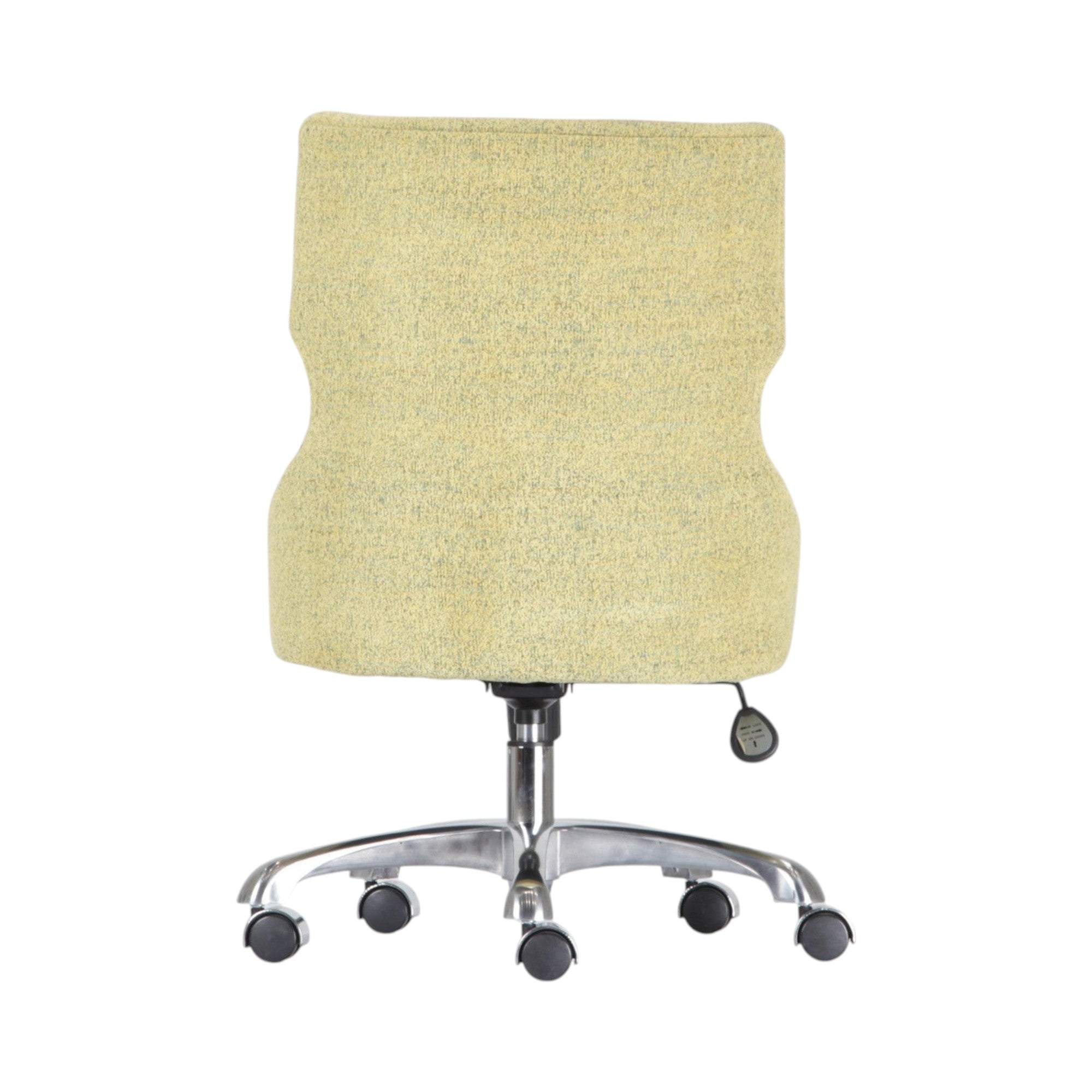 Xiaoyaozuo office chair in light yellow textured fabric with ergonomic design and chrome base with casters.
