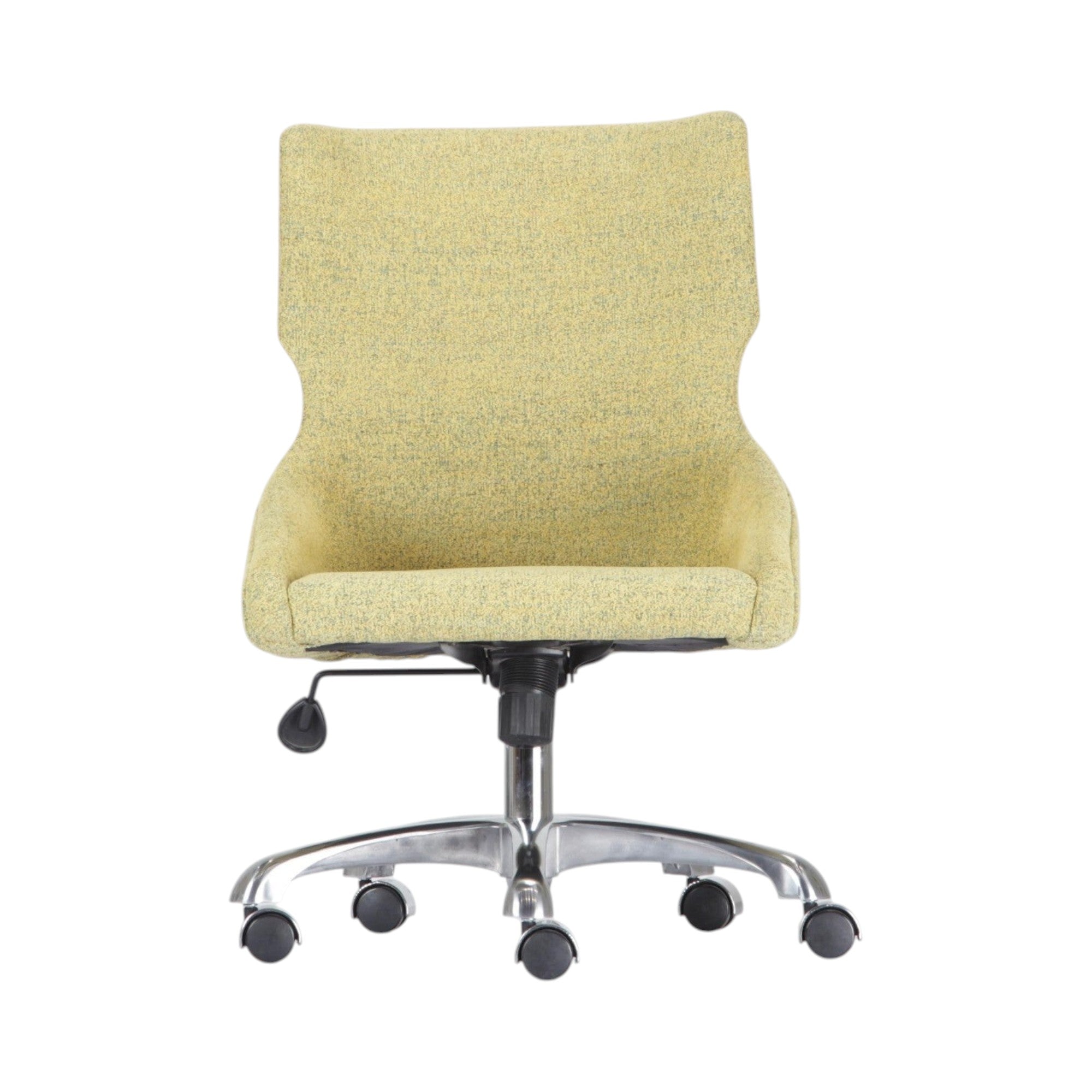 Xiaoyaozuo office chair in light yellow textured fabric with ergonomic design and chrome base with casters.