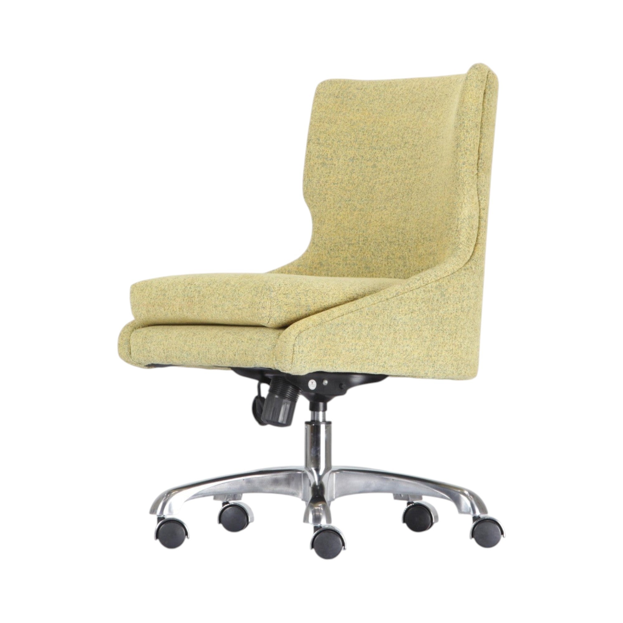 Xiaoyaozuo office chair in textured light yellow fabric with ergonomic design and chrome base with casters.