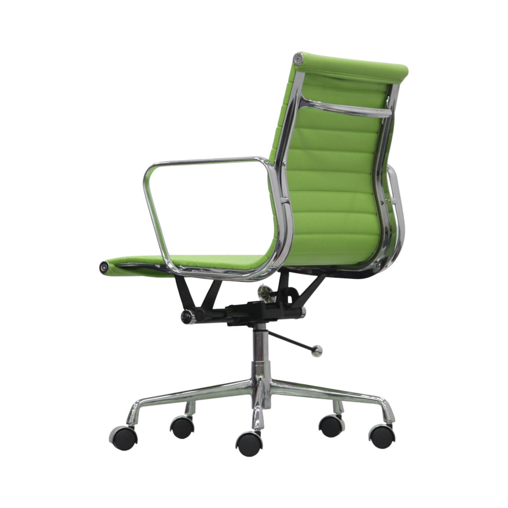 Xiaoyaozuo office chair, lime green faux leather executive chair with chrome armrests and base, ribbed back, on casters.