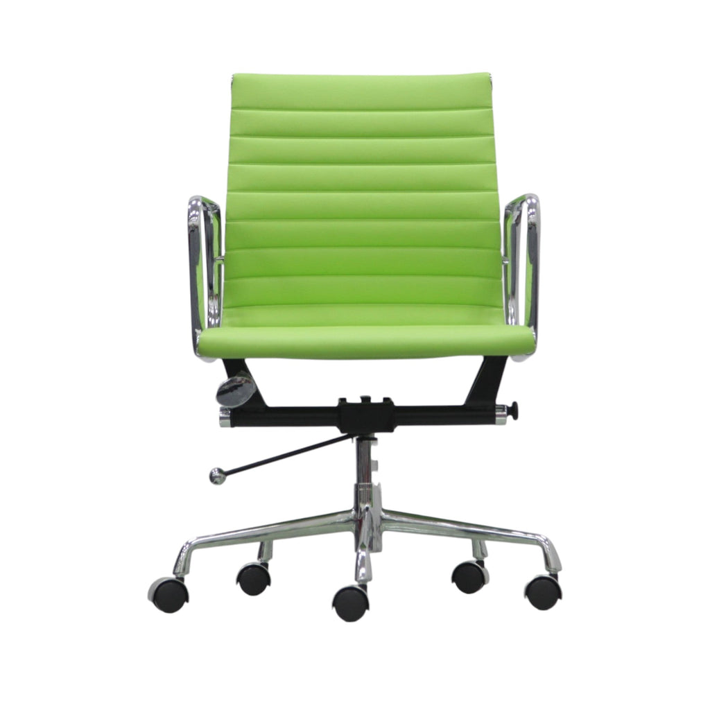 Xiaoyaozuo office chair: lime green faux leather executive chair with chrome armrests and base, horizontal stitching, on casters.
