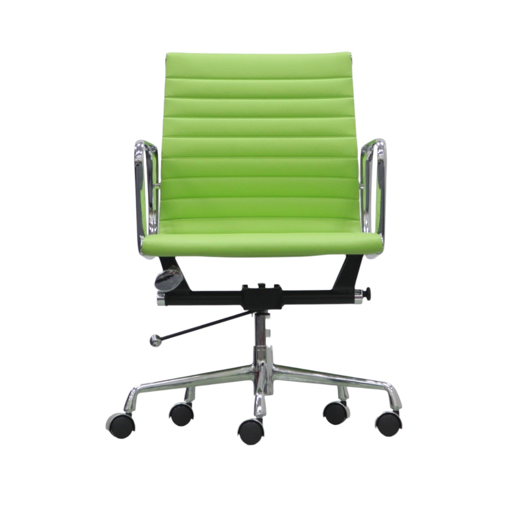 Xiaoyaozuo office chair: lime green faux leather executive chair with chrome armrests and base, horizontal stitching, on casters.