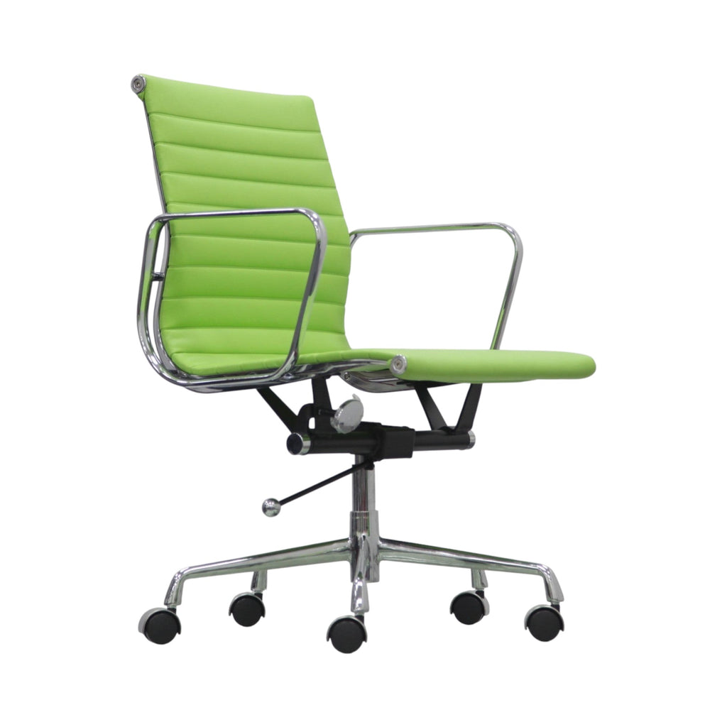 Xiaoyaozuo office chair, modern lime green faux leather executive chair with chrome armrests and base, horizontal stitching, on casters.