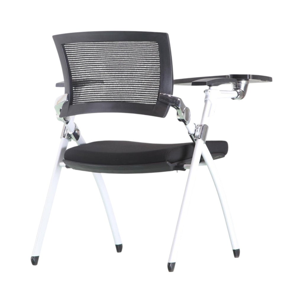 Xiaoyaozuo office chair black mesh training chair with flip-up writing tablet and white metal frame.