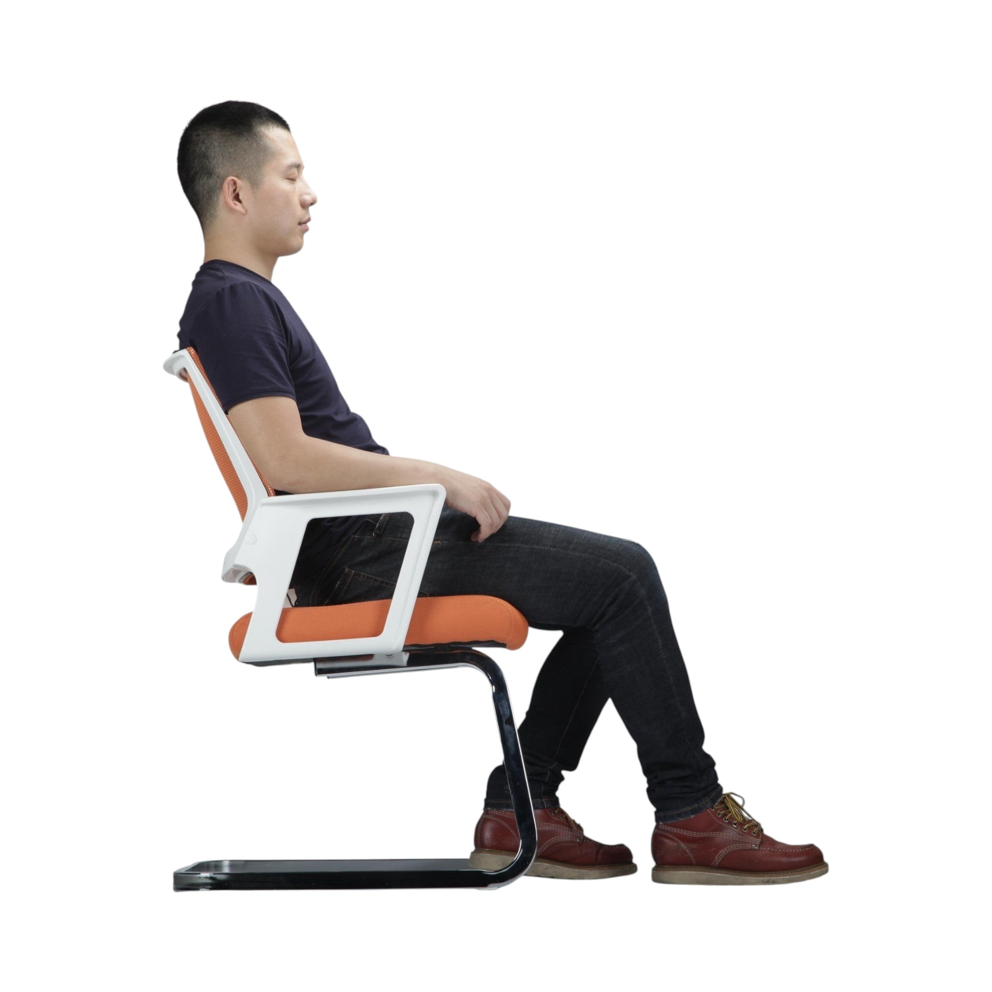 Xiaoyaozuo office chair: Modern orange mesh back guest chair with white armrests and chrome sled base, shown with a man sitting.
