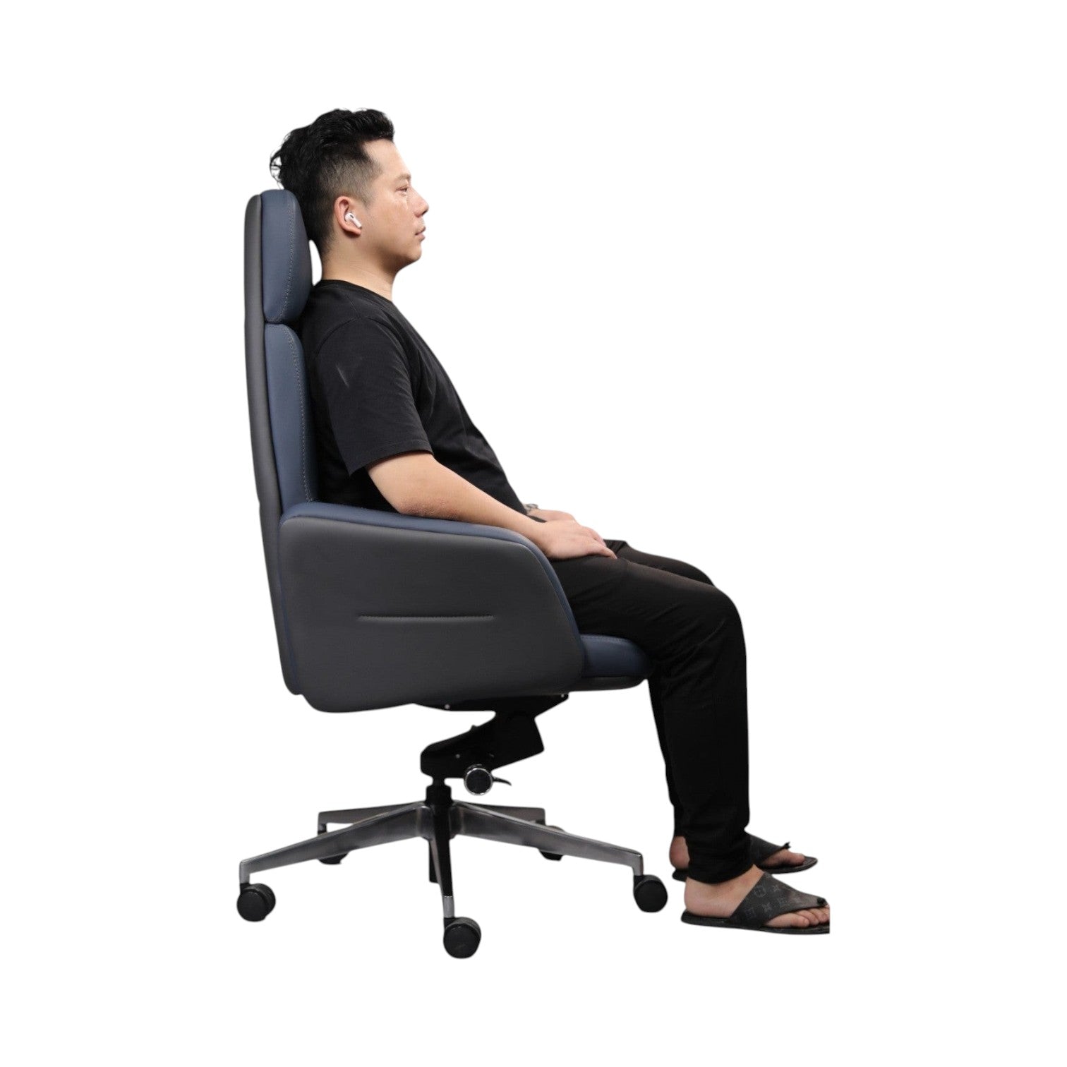 Xiaoyaozuo office chair navy blue leather executive high back chair with headrest and lumbar support, ergonomic design.
