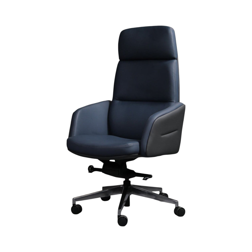 Xiaoyaozuo office chair: Executive high back chair in navy blue leather with grey accents, ergonomic design, and metal base with casters.