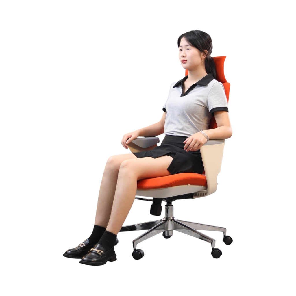 Xiaoyaozuo office chair: Ergonomic high back chair with orange upholstered seat and back, white frame, grey armrests, and adjustable headrest.