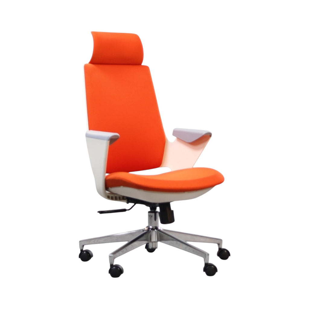 Xiaoyaozuo office chair: Ergonomic high back chair with orange upholstered seat, backrest, and headrest. White frame, grey armrests, and silver base with casters.