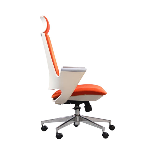 Xiaoyaozuo office chair: Ergonomic high back chair with orange upholstered seat, white frame, grey armrests, and adjustable headrest.