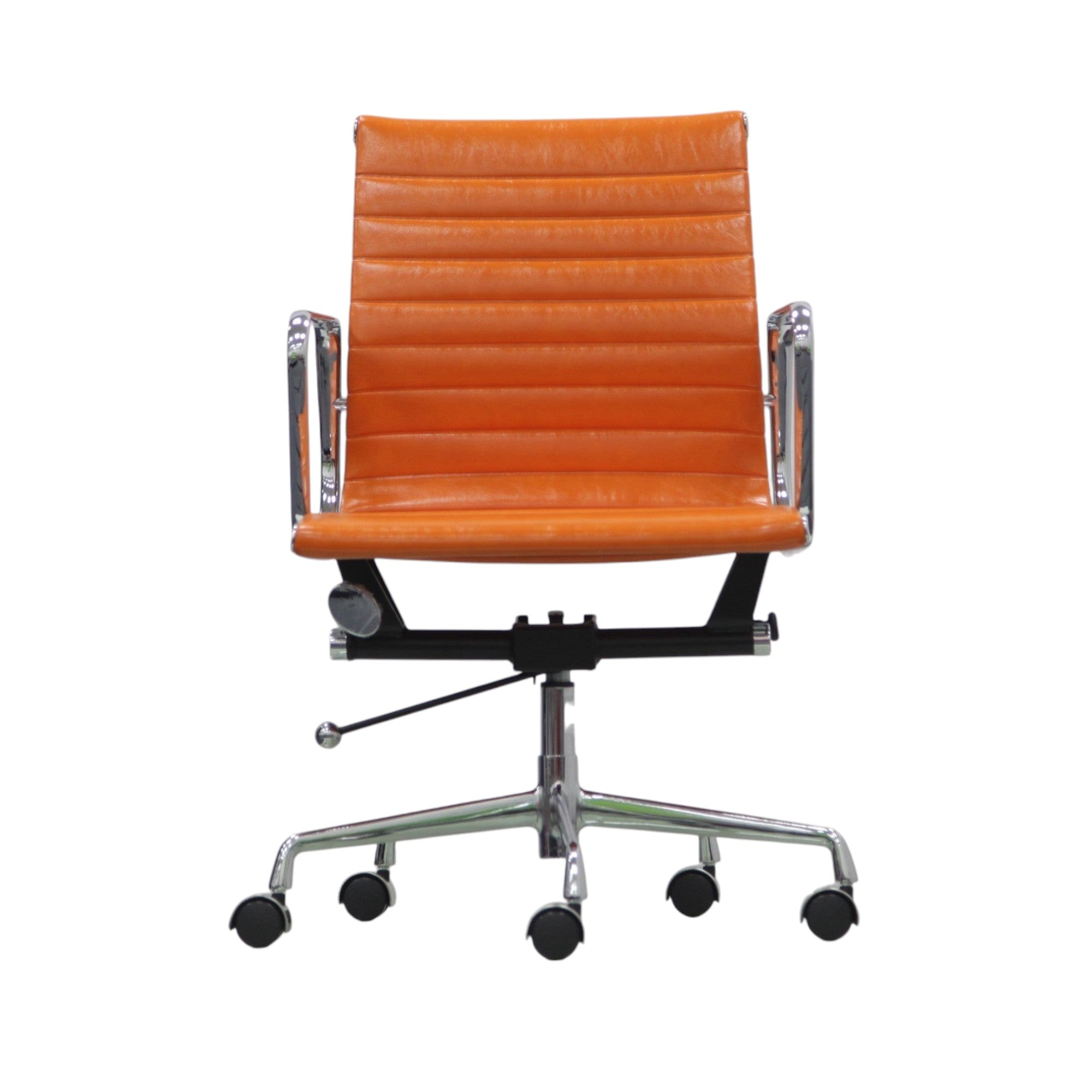 Xiaoyaozuo office chair orange faux leather executive chair with armrests and horizontal stitching, on casters.