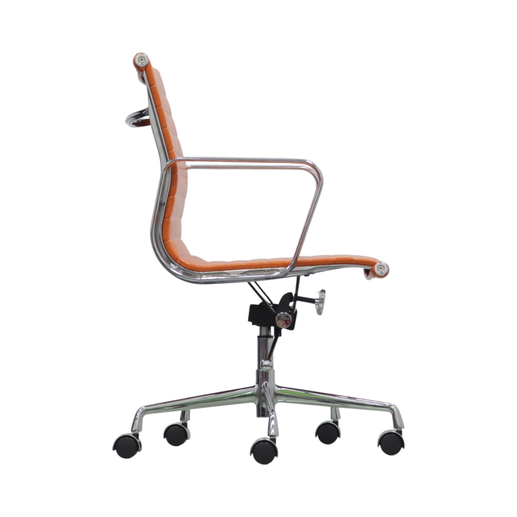 Xiaoyaozuo office chair orange faux leather executive chair with chrome armrests and base on casters.