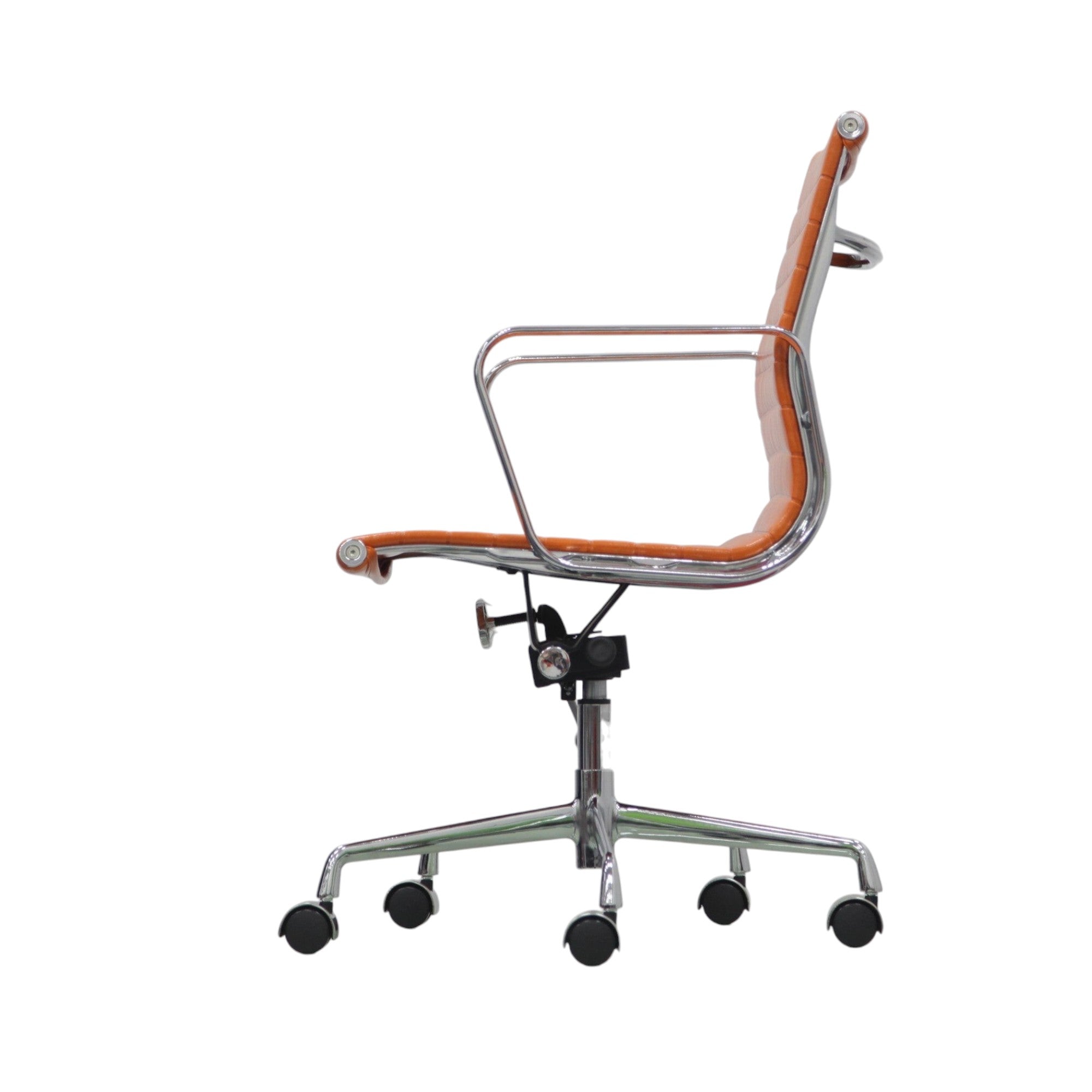 Xiaoyaozuo office chair orange faux leather executive chair with chrome armrests and base on casters.