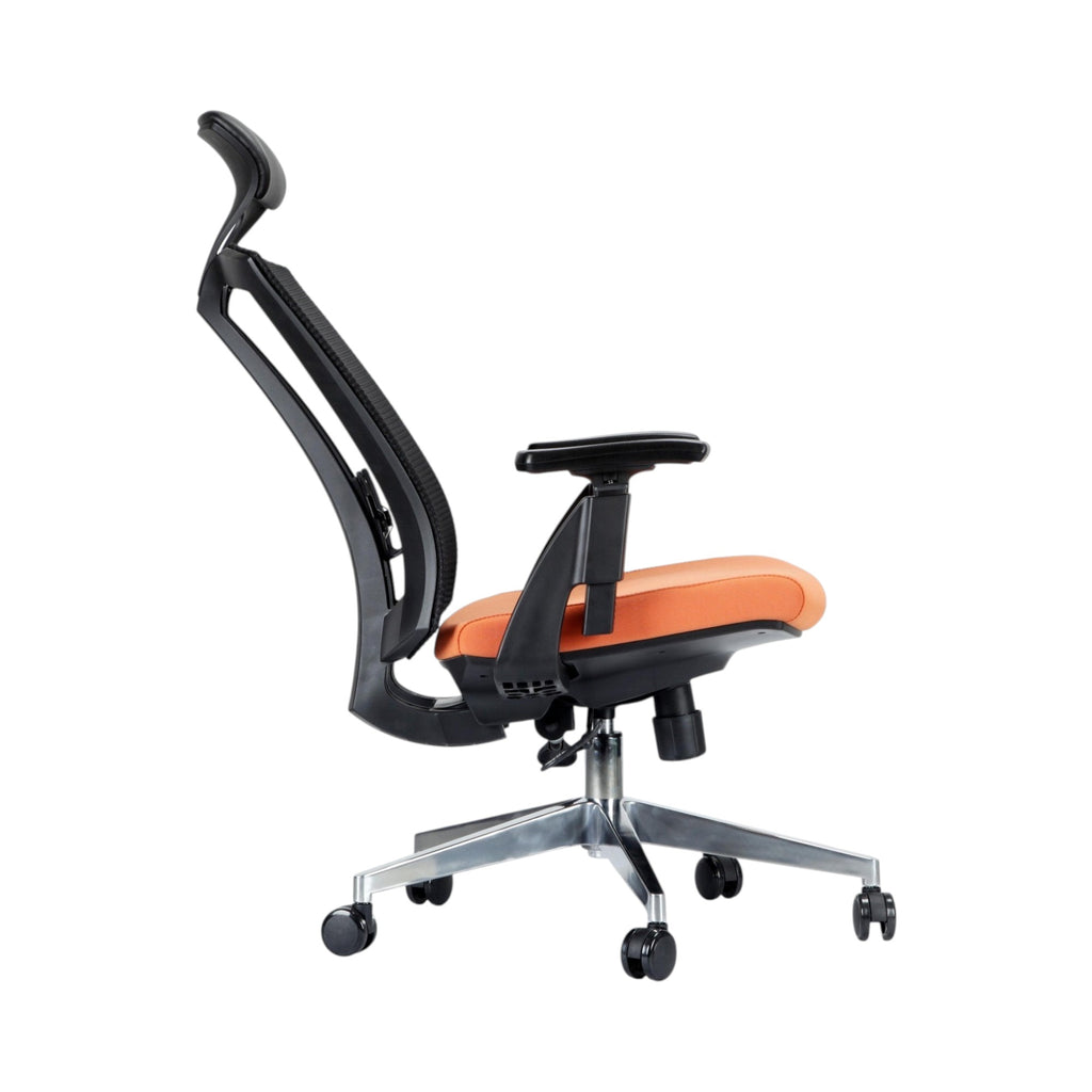 Xiaoyaozuo office chair: Ergonomic mesh back chair with orange upholstered seat, adjustable headrest, and armrests.