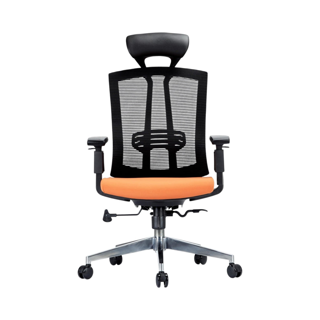 Xiaoyaozuo office chair: Ergonomic black mesh back chair with orange upholstered seat, adjustable headrest, armrests, and lumbar support.