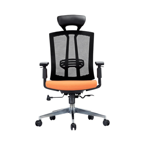 Xiaoyaozuo office chair: Ergonomic black mesh back chair with orange upholstered seat, adjustable headrest, armrests, and lumbar support.