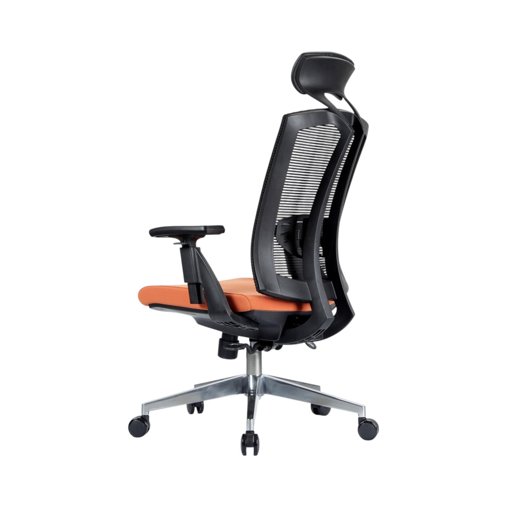 Xiaoyaozuo office chair: Ergonomic black mesh back office chair with orange upholstered seat and adjustable headrest.