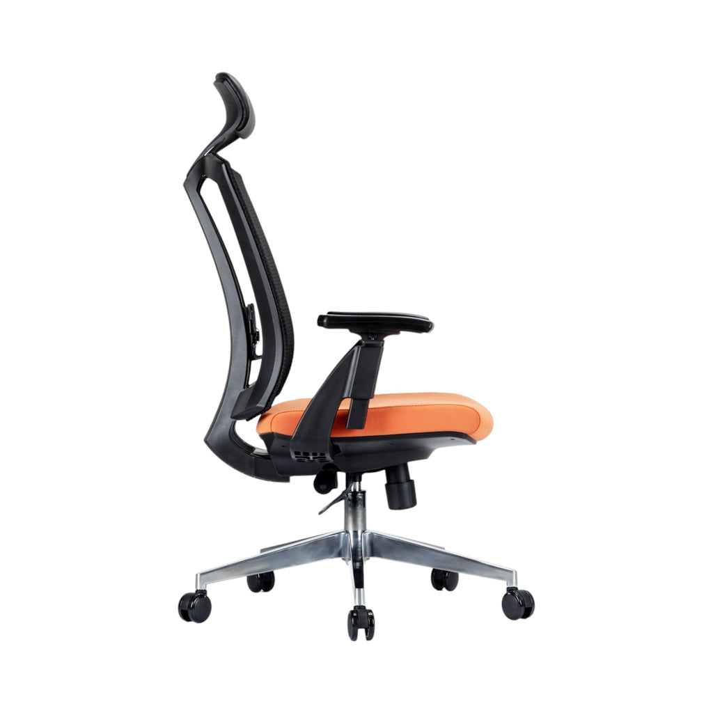 Xiaoyaozuo office chair: Ergonomic mesh back office chair with orange upholstered seat, adjustable headrest and armrests.