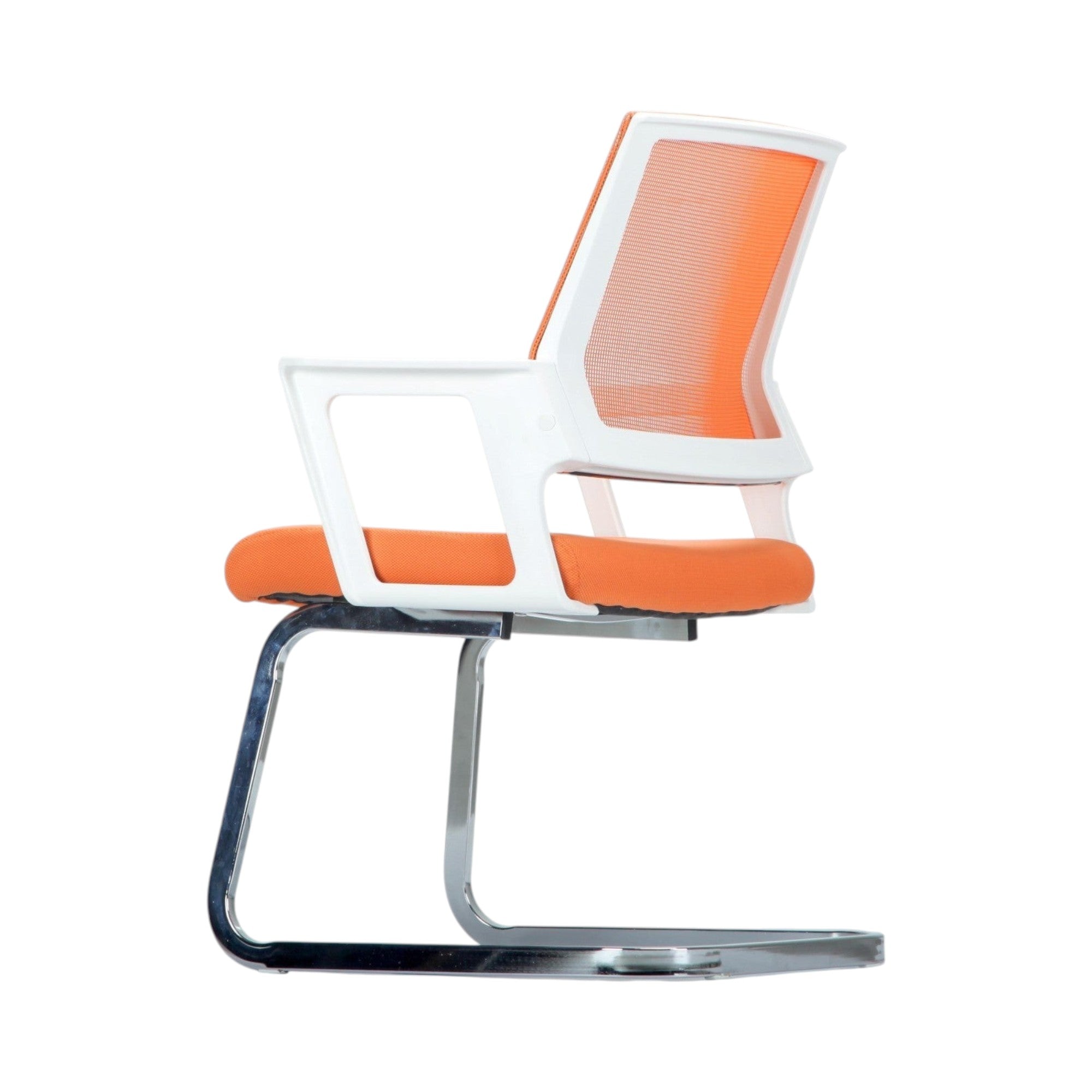 Xiaoyaozuo office chair modern guest chair with orange mesh back, padded seat, white armrests, and chrome sled base.