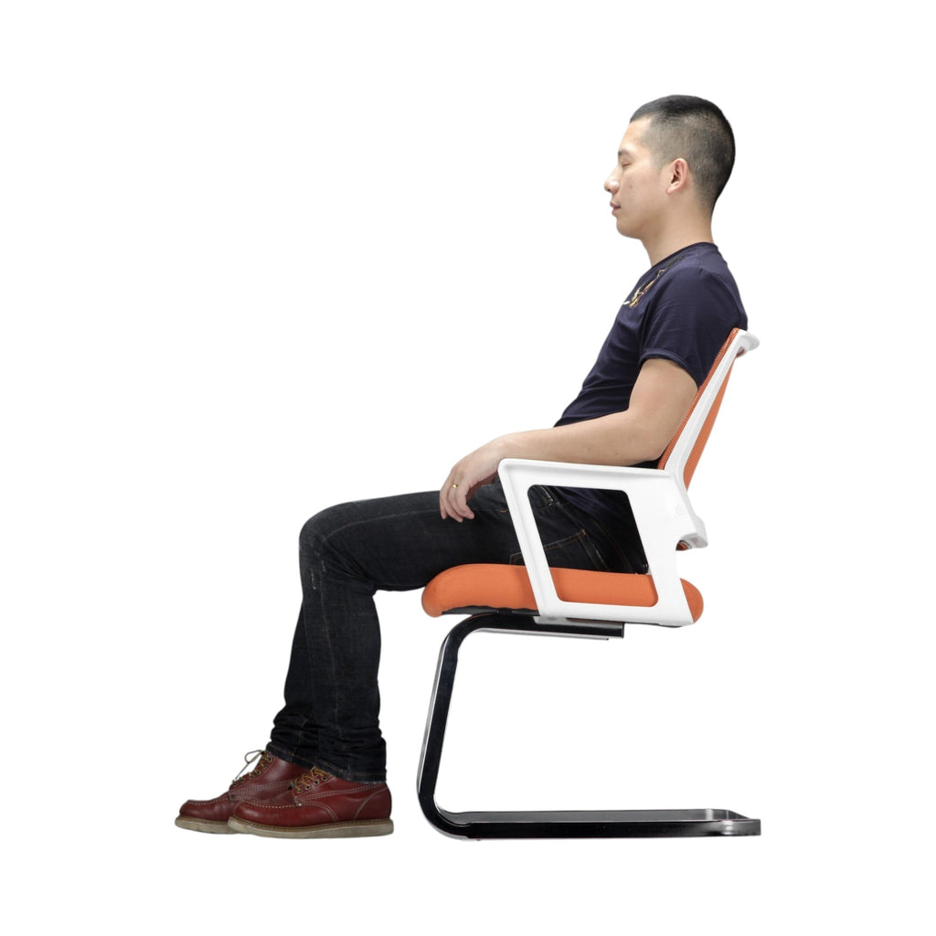 Xiaoyaozuo office chair: Modern orange mesh back guest chair with white armrests and chrome sled base.