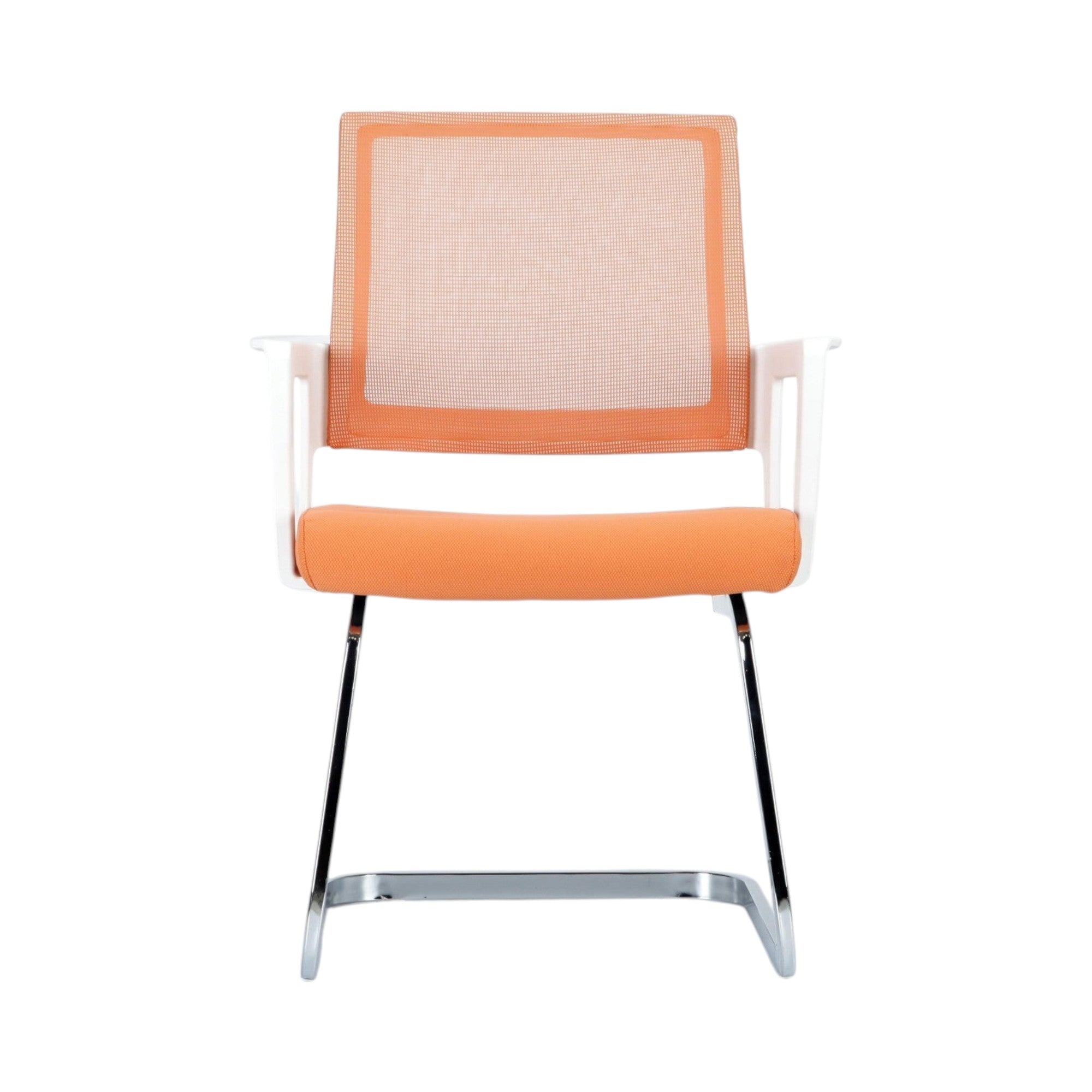 Xiaoyaozuo office chair modern orange mesh back guest chair with padded seat and white armrests on chrome sled base.