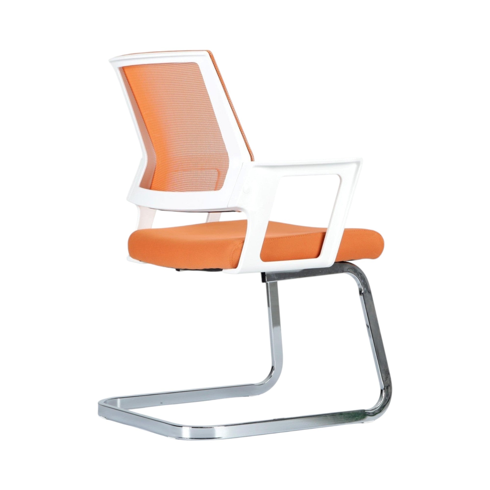 Xiaoyaozuo office chair modern orange mesh back guest chair with white armrests and chrome sled base.