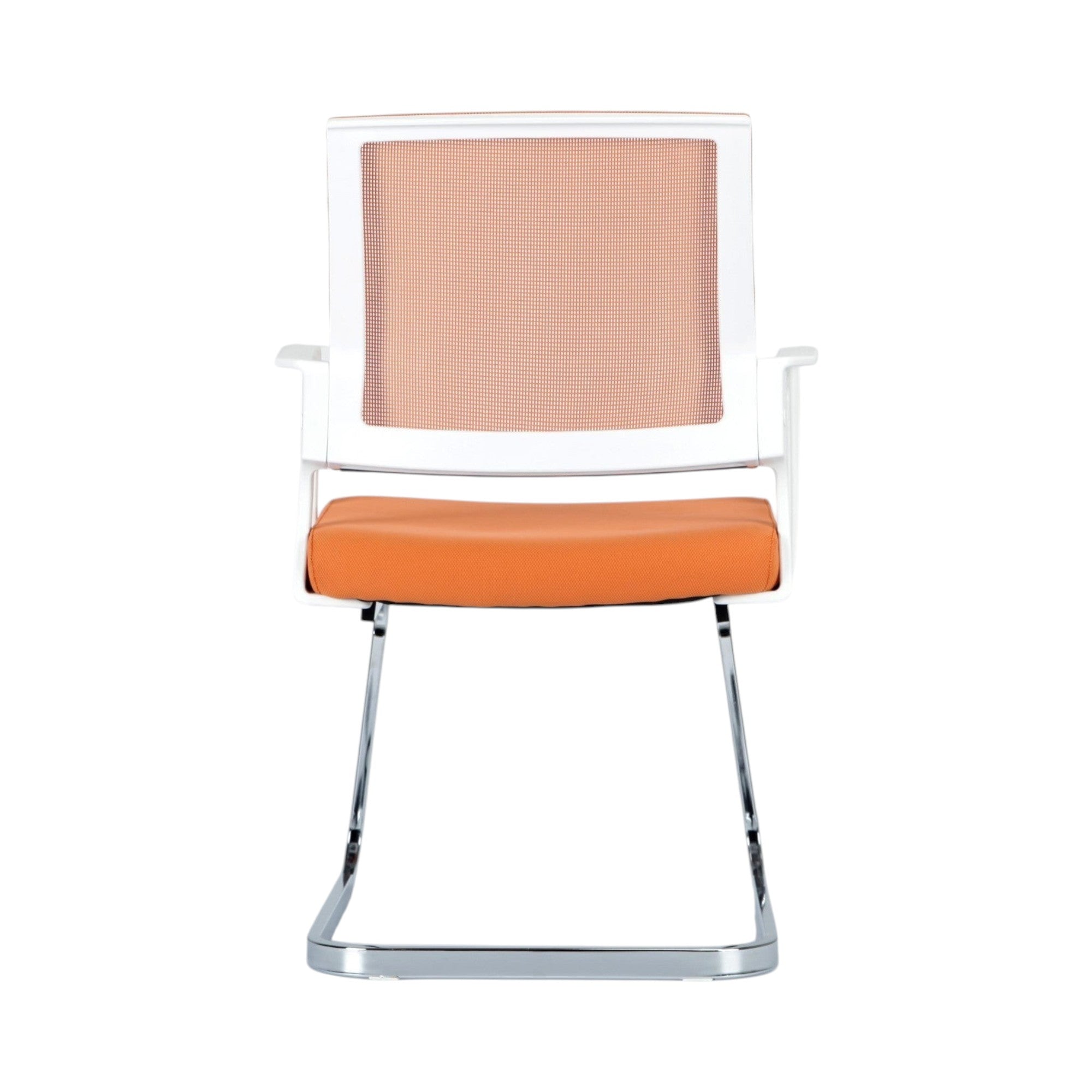 Xiaoyaozuo office chair modern guest chair with orange mesh back and padded seat, white armrests, chrome sled base.