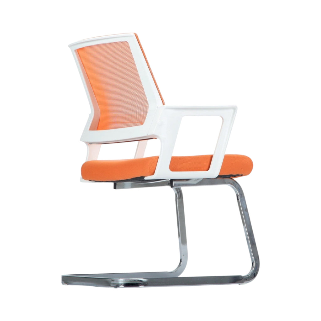 Xiaoyaozuo office chair: modern orange mesh back guest chair with white armrests and chrome sled base.