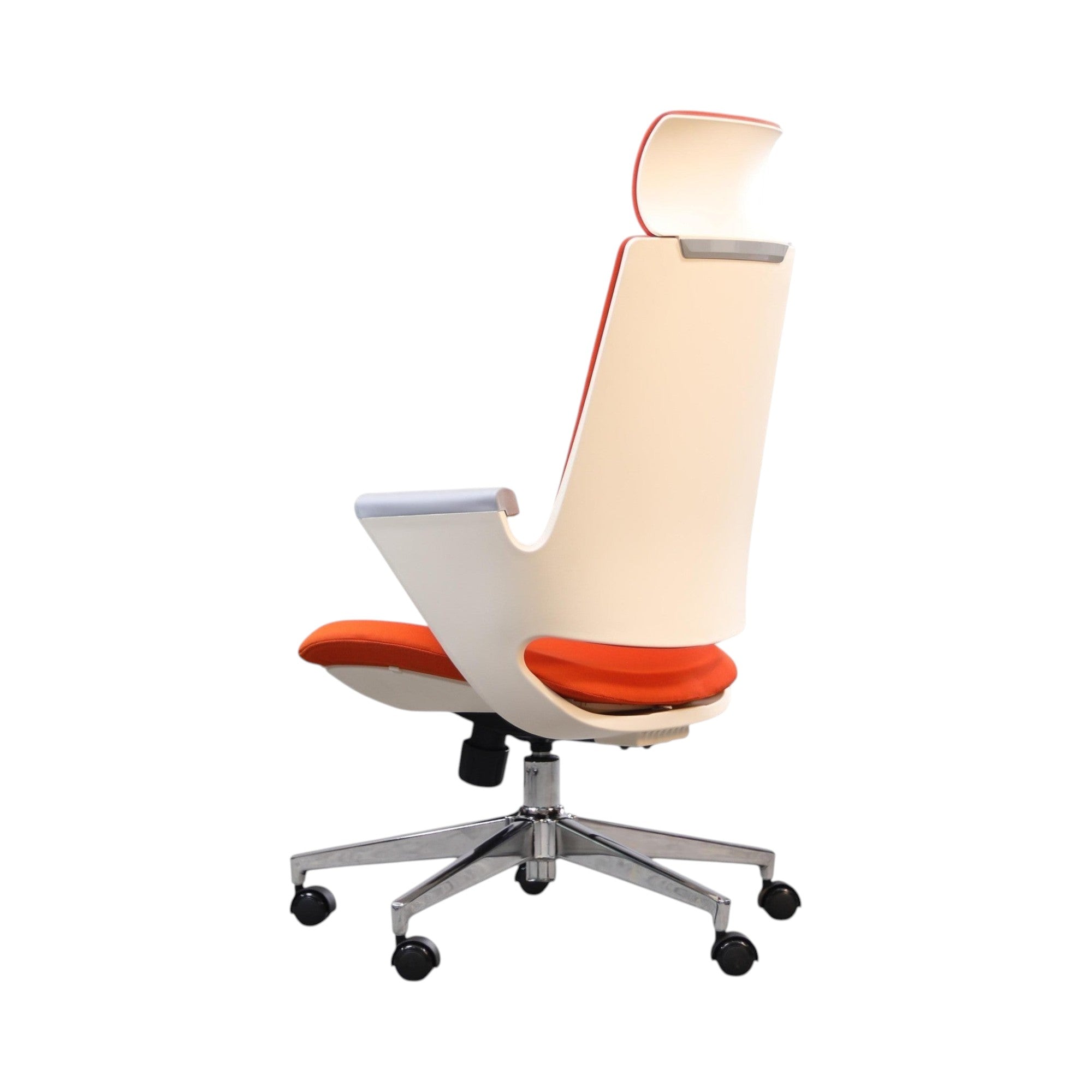 Xiaoyaozuo office chair: Ergonomic high back chair with orange upholstered seat and back, white frame, grey armrests, and adjustable headrest.