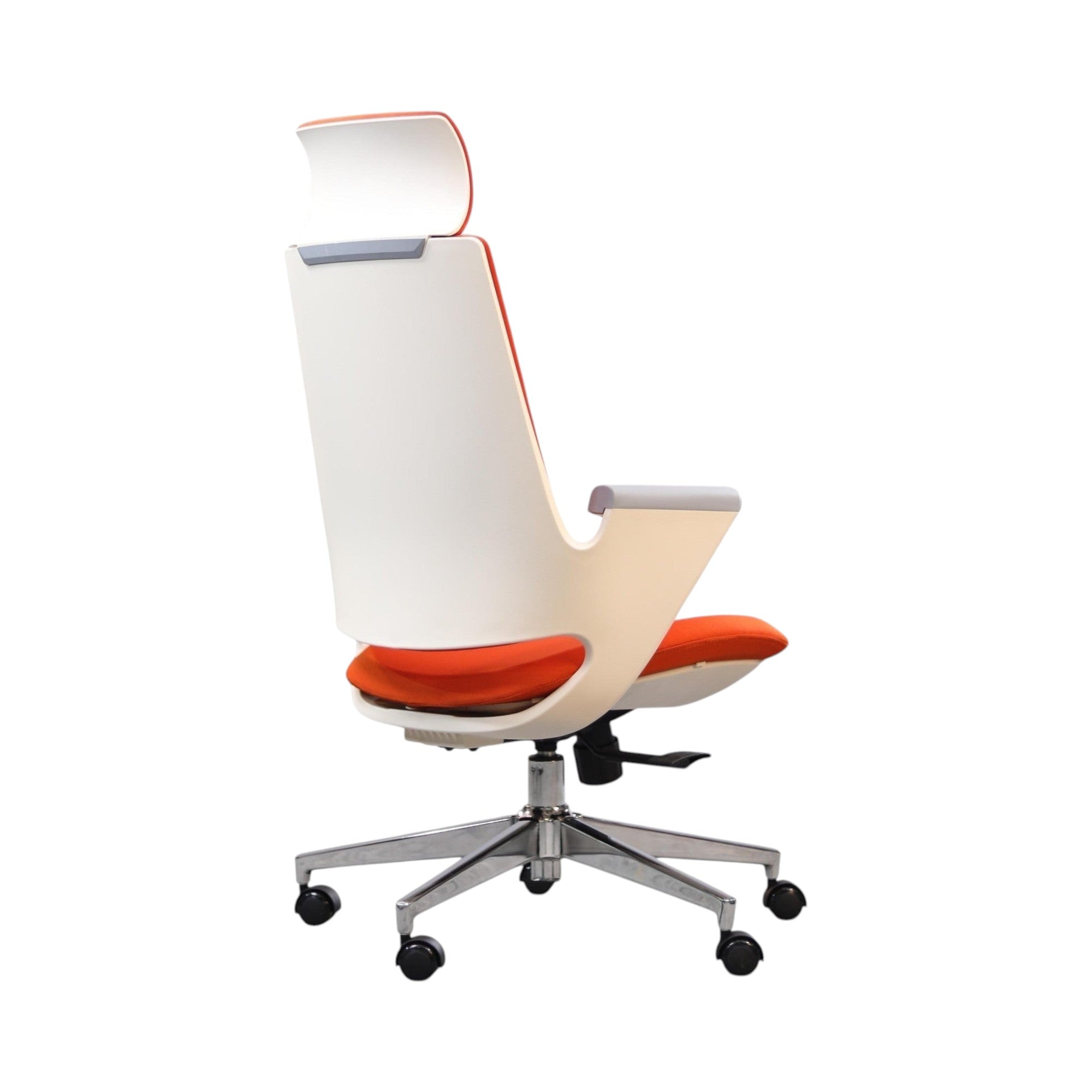 Xiaoyaozuo office chair: Ergonomic high back chair with orange upholstered seat and white frame, adjustable headrest, grey armrests, and casters.