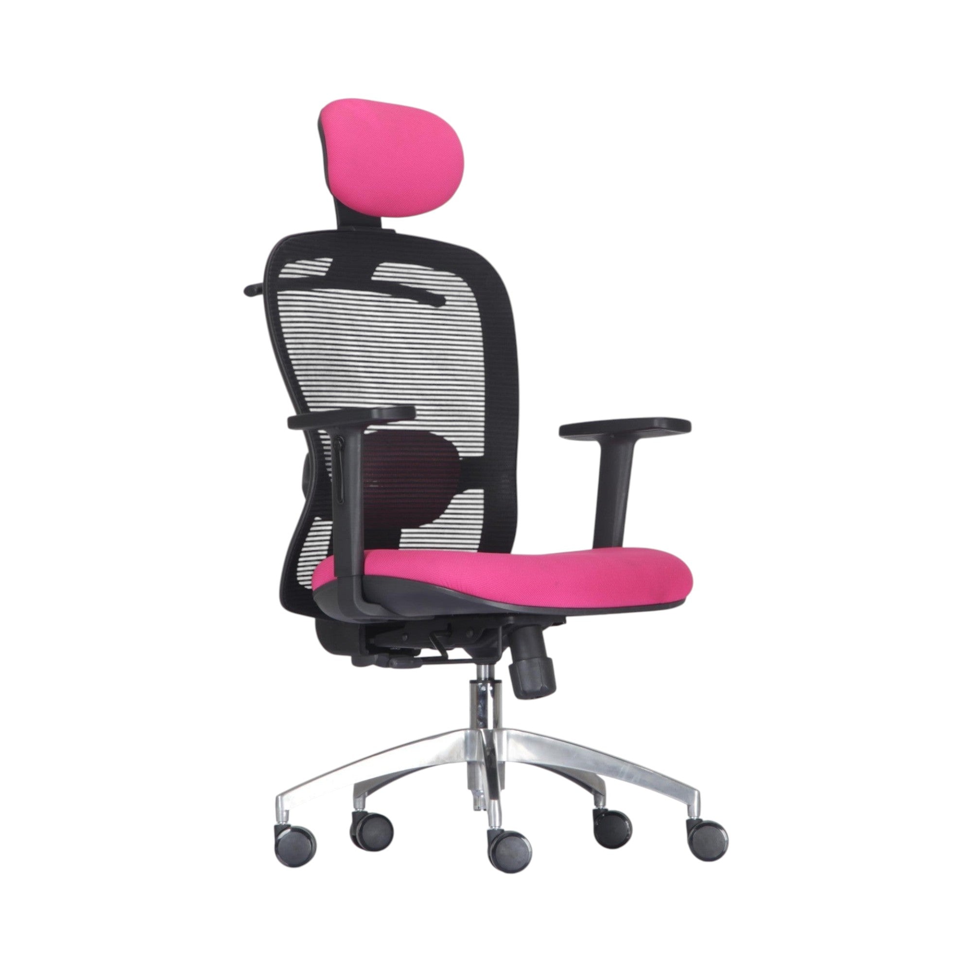 Xiaoyaozuo office chair: Pink ergonomic mesh office chair with adjustable headrest and armrests, padded seat, and smooth-rolling casters.