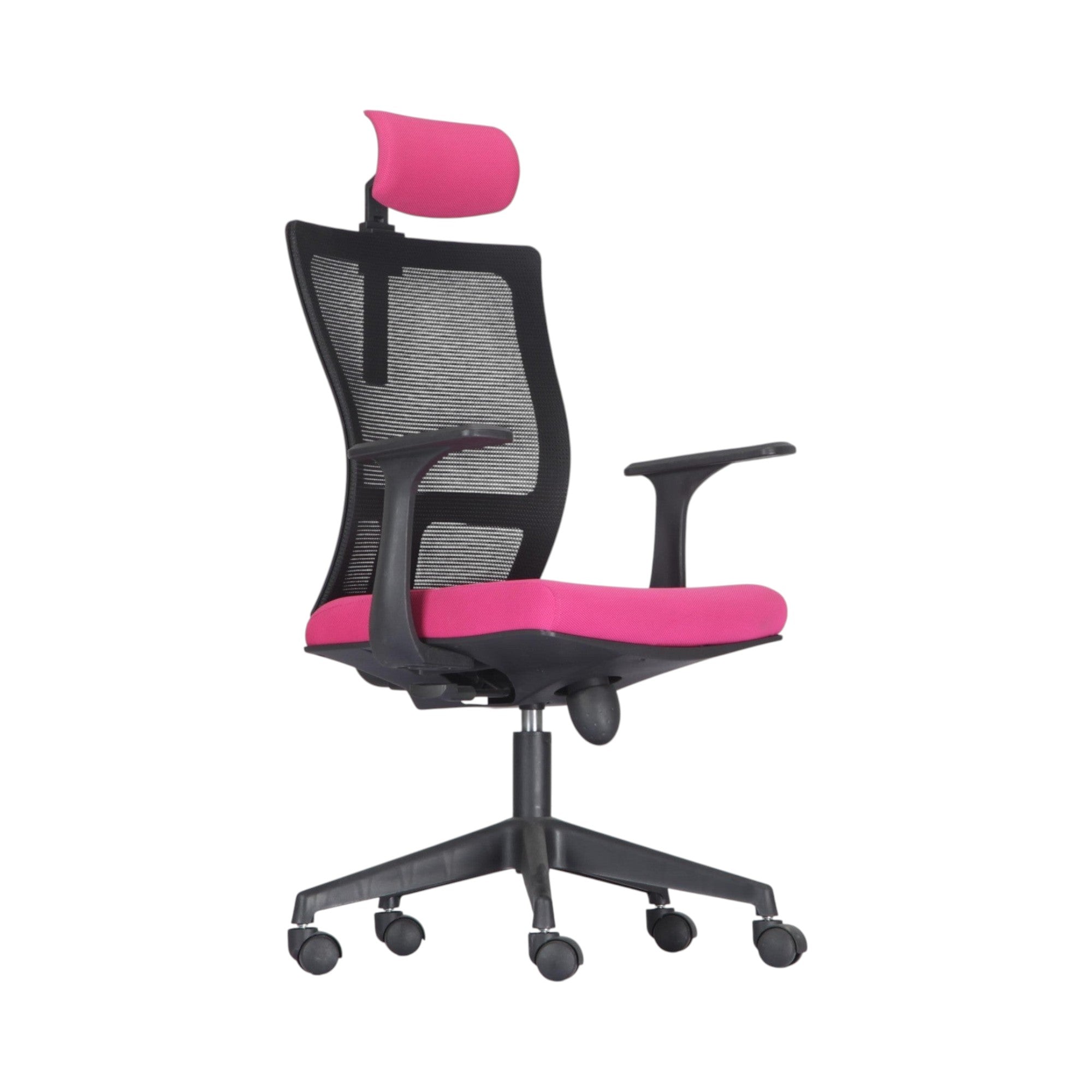 Xiaoyaozuo office chair: Ergonomic black mesh back office chair with adjustable headrest and vibrant pink seat, on black casters.