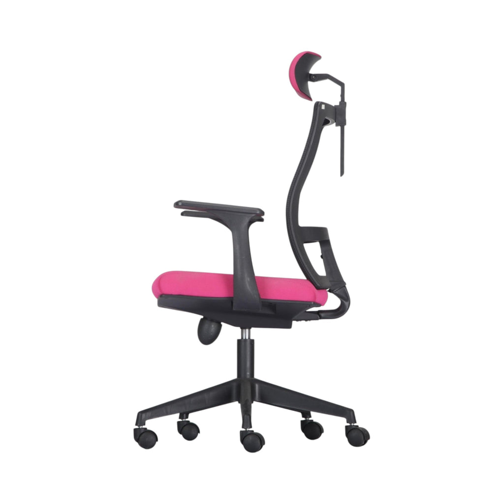 Xiaoyaozuo office chair: Ergonomic mesh office chair with adjustable headrest and vibrant pink seat, black frame, and casters.