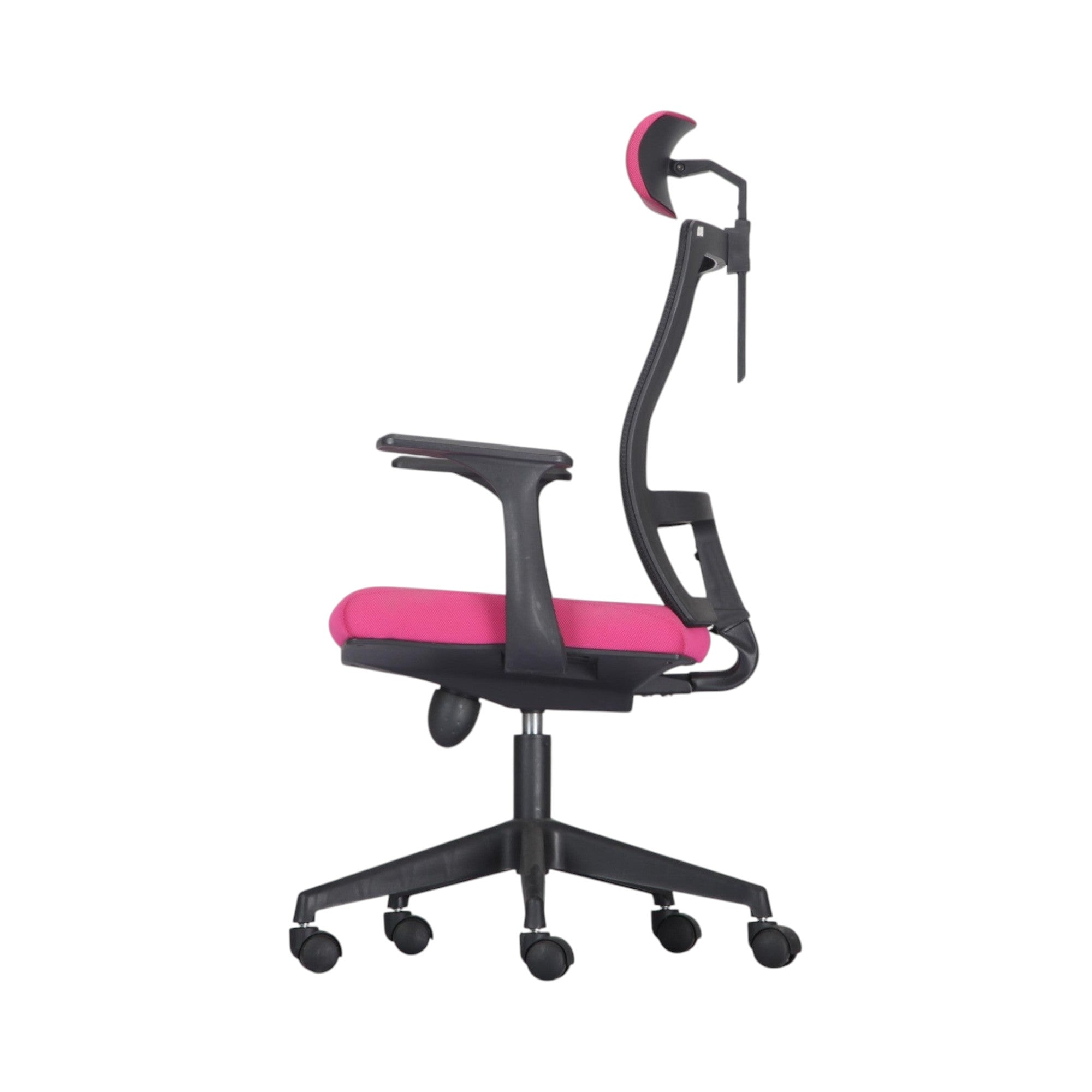 Xiaoyaozuo office chair: Ergonomic mesh office chair with adjustable headrest and vibrant pink seat, black frame, and casters.