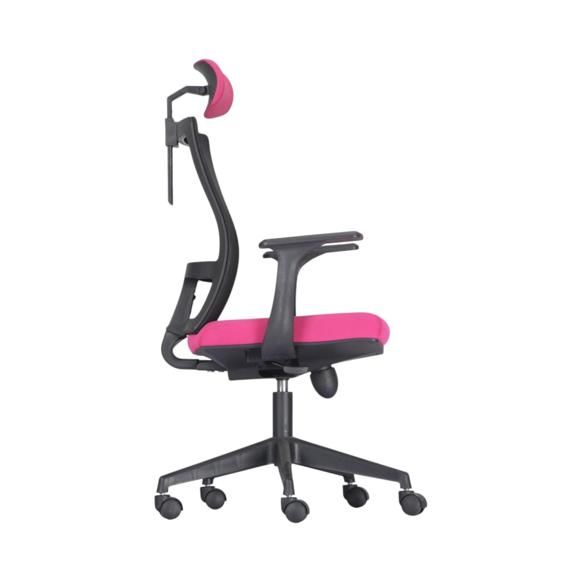 Xiaoyaozuo office chair: Ergonomic mesh back office chair with adjustable headrest and vibrant pink seat, black frame, armrests, and casters.