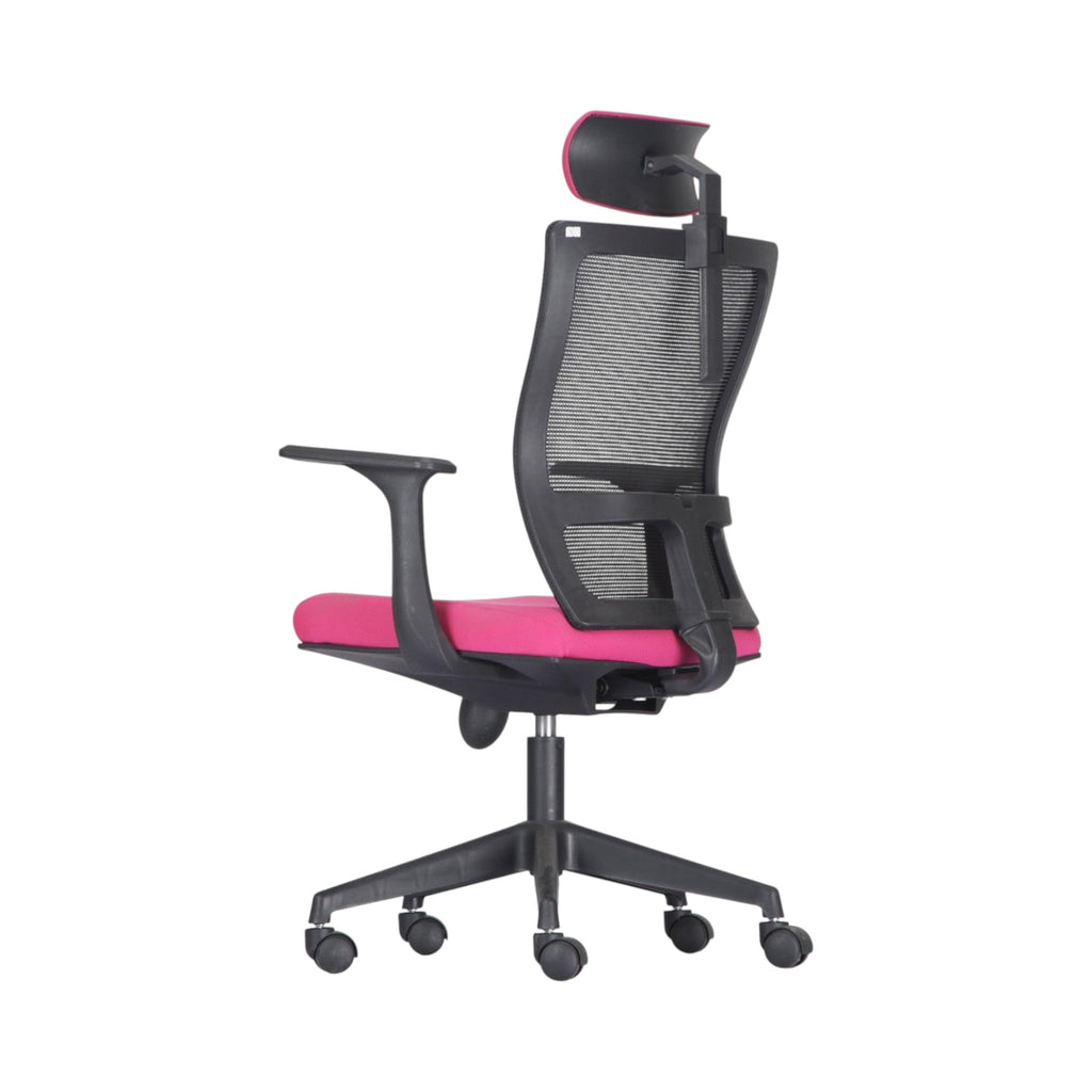 Xiaoyaozuo office chair: Ergonomic mesh back office chair with adjustable headrest and vibrant pink seat, on black casters.