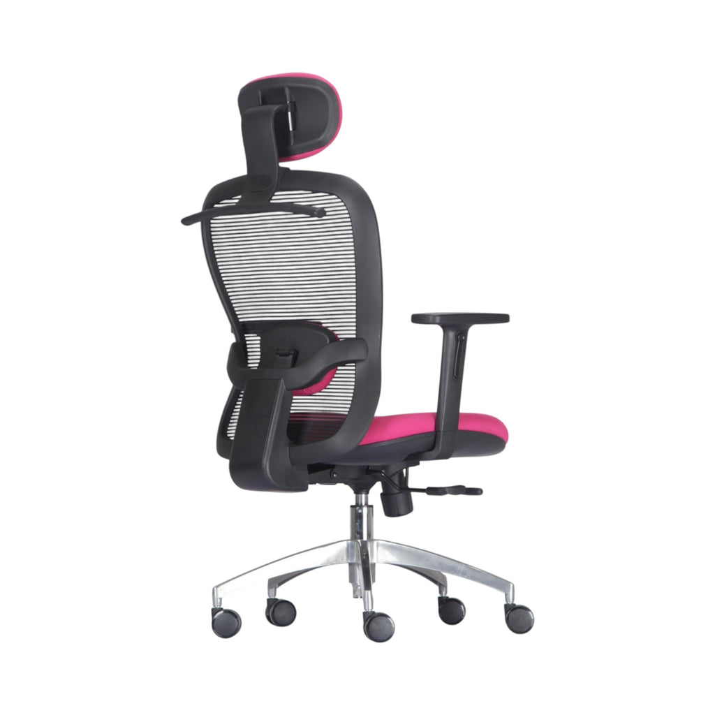 Xiaoyaozuo office chair ergonomic pink mesh back chair with adjustable headrest and padded seat, on silver casters.