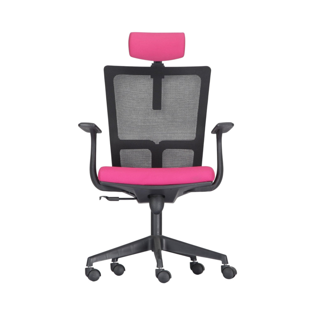 Xiaoyaozuo office chair ergonomic mesh chair with adjustable headrest and vibrant pink seat, black frame, 5-wheel base.