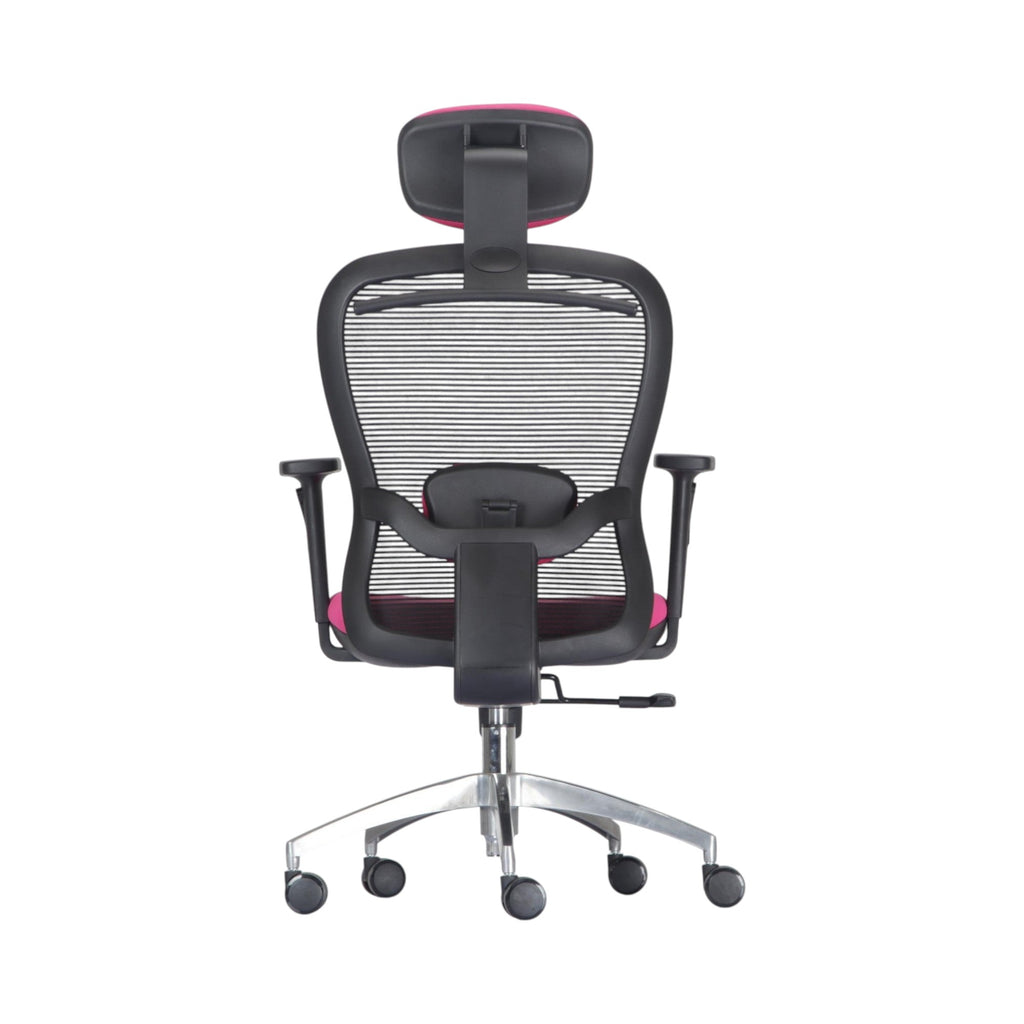 Xiaoyaozuo office chair: pink ergonomic mesh office chair with adjustable headrest and armrests, black frame, silver base, and casters.