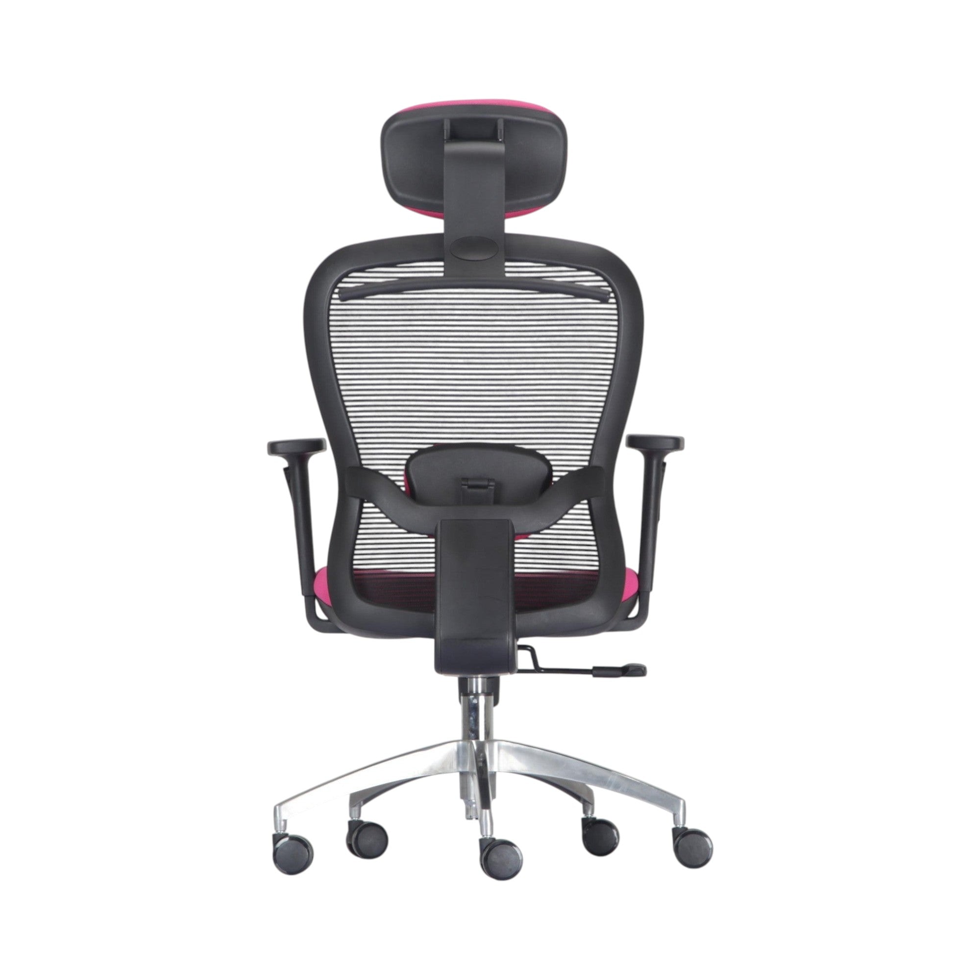 Xiaoyaozuo office chair: pink ergonomic mesh office chair with adjustable headrest and armrests, black frame, silver base, and casters.
