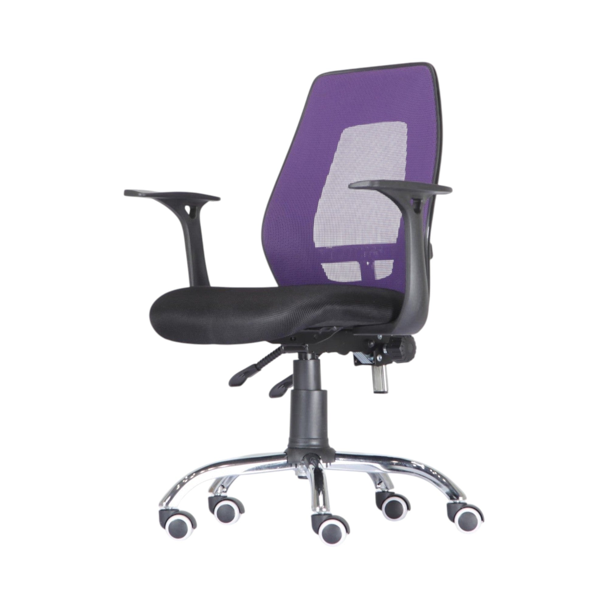 Xiaoyaozuo office chair: Ergonomic mesh office chair with purple back, black padded seat, adjustable armrests, and chrome base with wheels.
