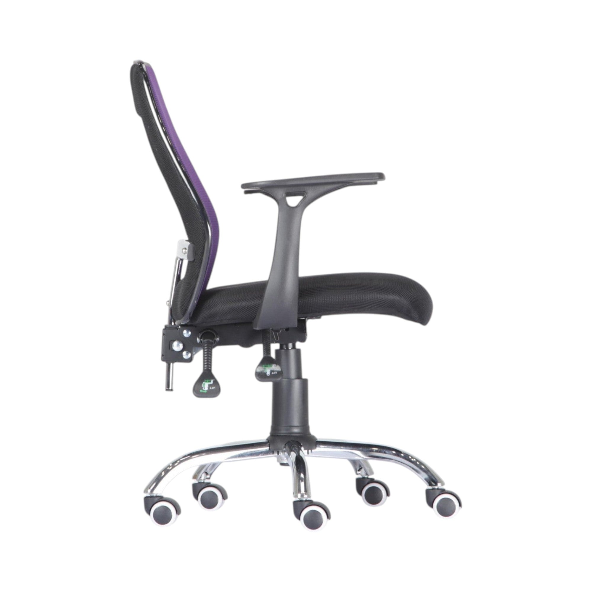 Xiaoyaozuo office chair: Ergonomic mesh office chair with purple back, black padded seat, and adjustable armrests on a chrome base with wheels.