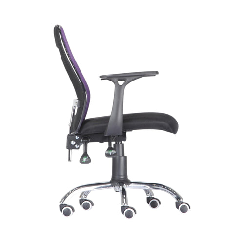 Xiaoyaozuo office chair: Ergonomic mesh office chair with purple back, black padded seat, and adjustable armrests on a chrome base with wheels.