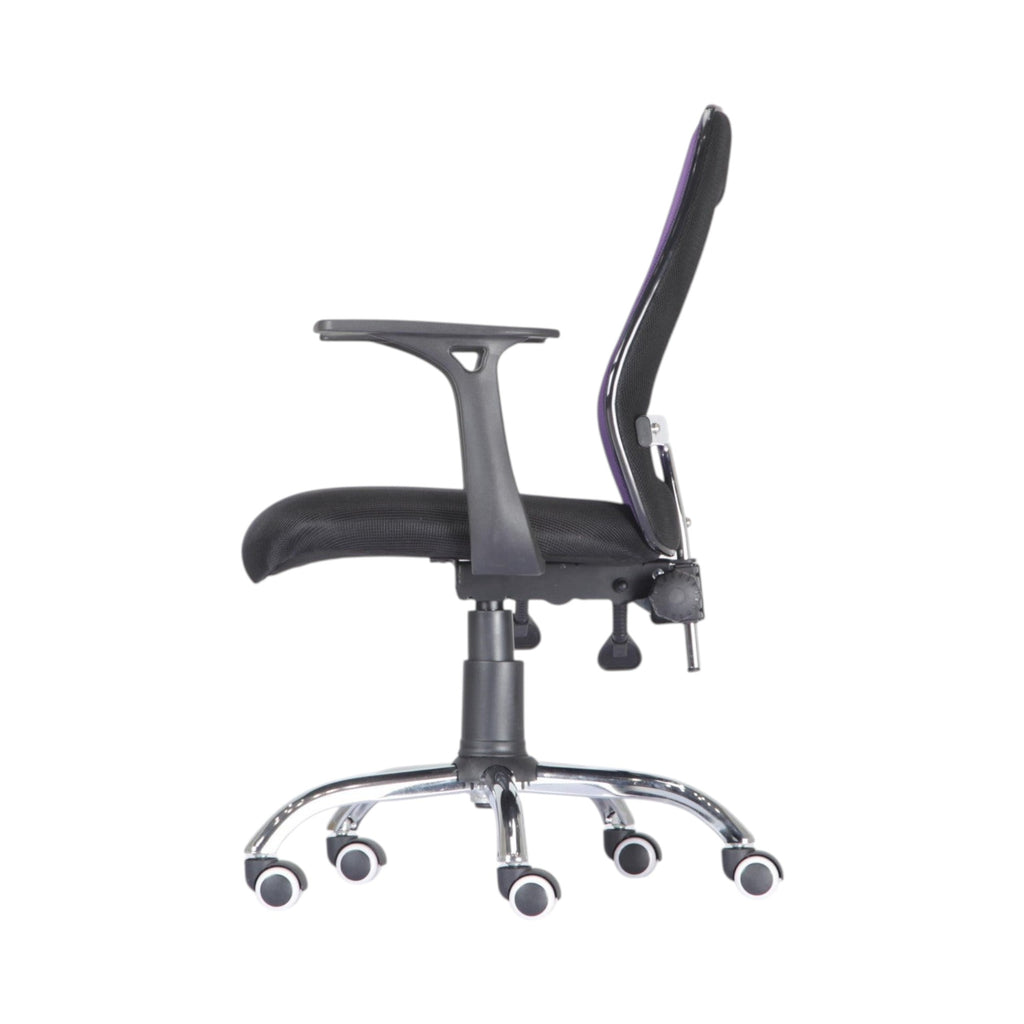 Xiaoyaozuo office chair: ergonomic mesh back chair with purple trim, padded seat, adjustable armrests, and chrome base with wheels.