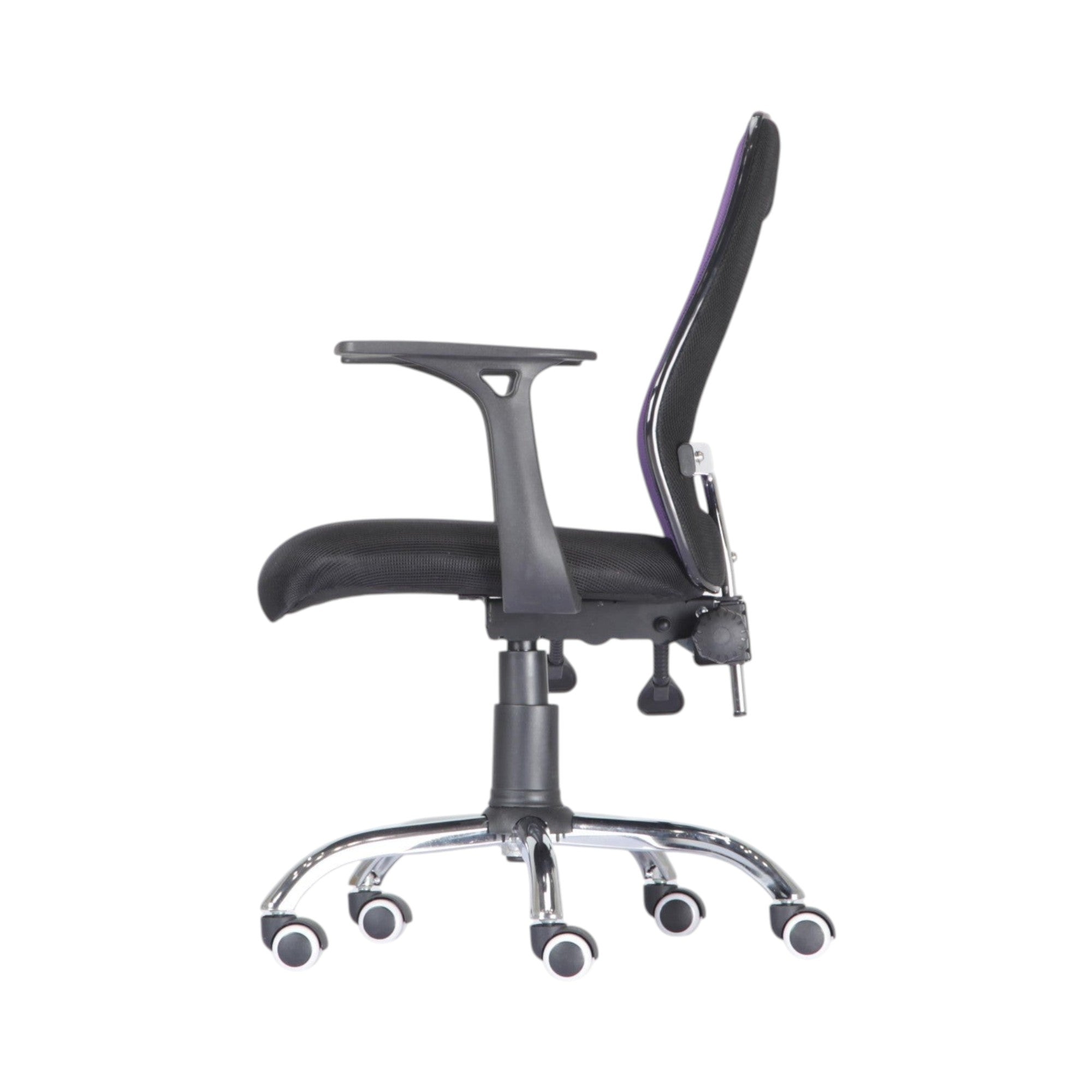 Xiaoyaozuo office chair: ergonomic mesh back chair with purple trim, padded seat, adjustable armrests, and chrome base with wheels.