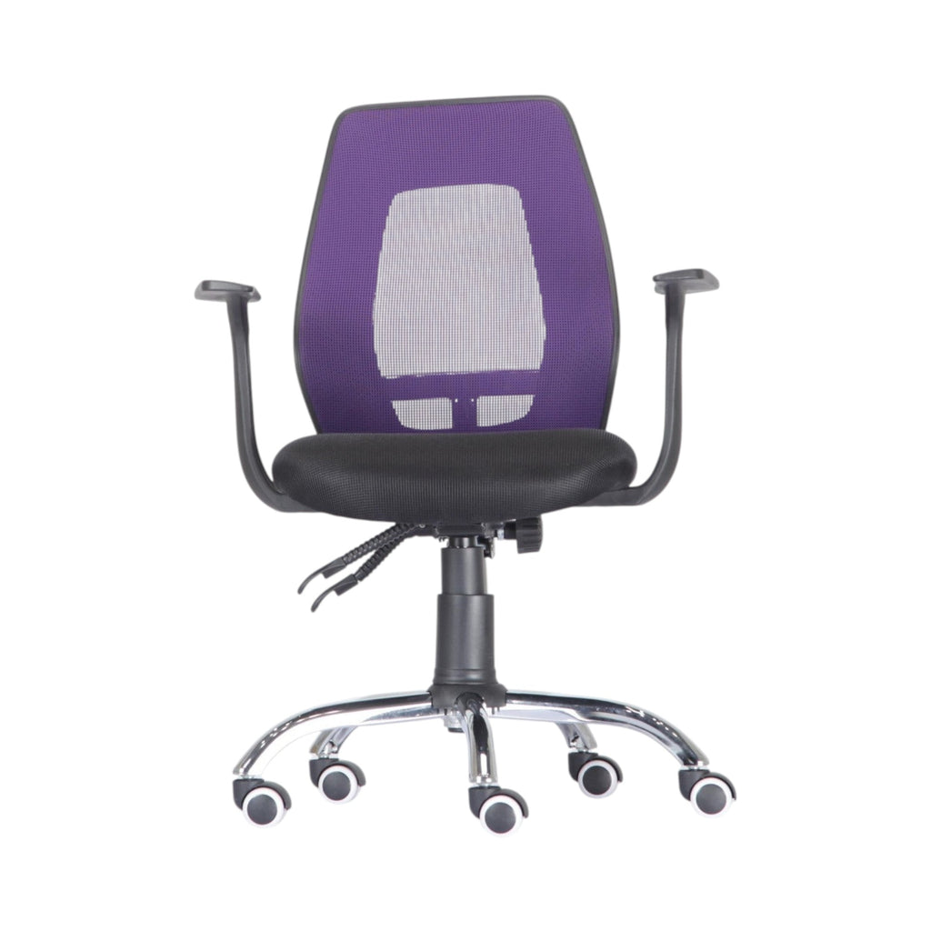 Xiaoyaozuo office chair: purple mesh back ergonomic office chair with black padded seat and adjustable armrests.